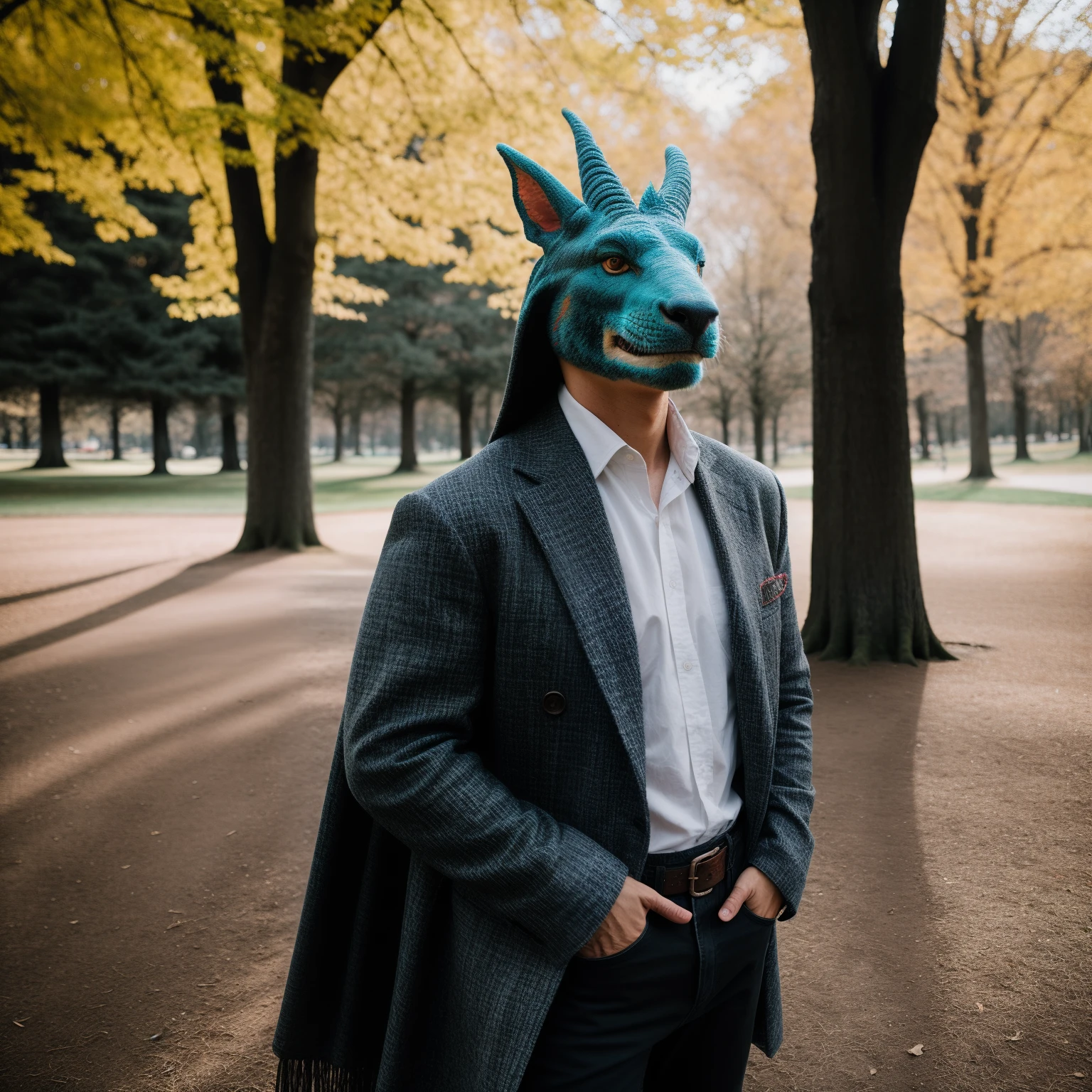 RAW photo, animal, a portrait photo of [man:dragon:2] humanoid in clothes, in the park, 8k uhd, dslr, soft lighting, high quality, film grain, Fujifilm XT3