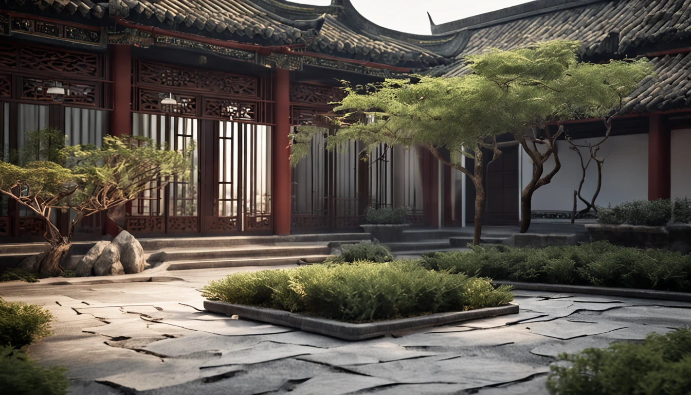 wide wide shot,Chinese Garden,After entering the courtyard,You will see a spacious and tidy courtyard。The floor of the courtyard is paved with stone slabs,It is surrounded by bamboo。A variety of greenery is planted in the corner of the courtyard,Such as flowers and plants、Bamboo and small trees, etc。Greenery grows well,It brings a fresh atmosphere and natural beauty to the courtyard。In the middle of the courtyard,There is some simple but comfortable outdoor furniture,For people to rest、Chat or read。China-style.