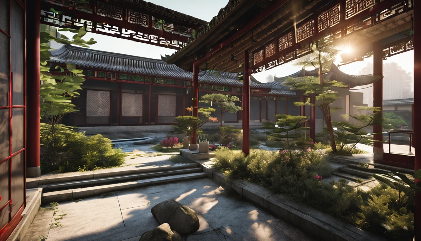 wide wide shot，Chinese Garden，After entering the courtyard，You will see a spacious and tidy courtyard。The floor of the courtyard is paved with stone slabs，It is surrounded by bamboo。A variety of greenery is planted in the corner of the courtyard，Such as flowers and plants、Bamboo and small trees, etc。Greenery grows well，It brings a fresh atmosphere and natural beauty to the courtyard。In the middle of the courtyard，There is some simple but comfortable outdoor furniture，For people to rest、Chat or read。China-style.