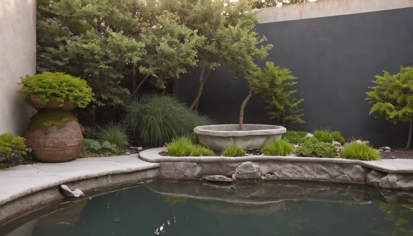 MidJourneyPrompt: A modern courtyard with a fish pond by the wall, featuring a beautiful artificial mountain, realistic. (serene, tranquil, lush, contemporary, inviting). (DSLR). (wide-angle lens). (daytime). (minimalist). (color film).