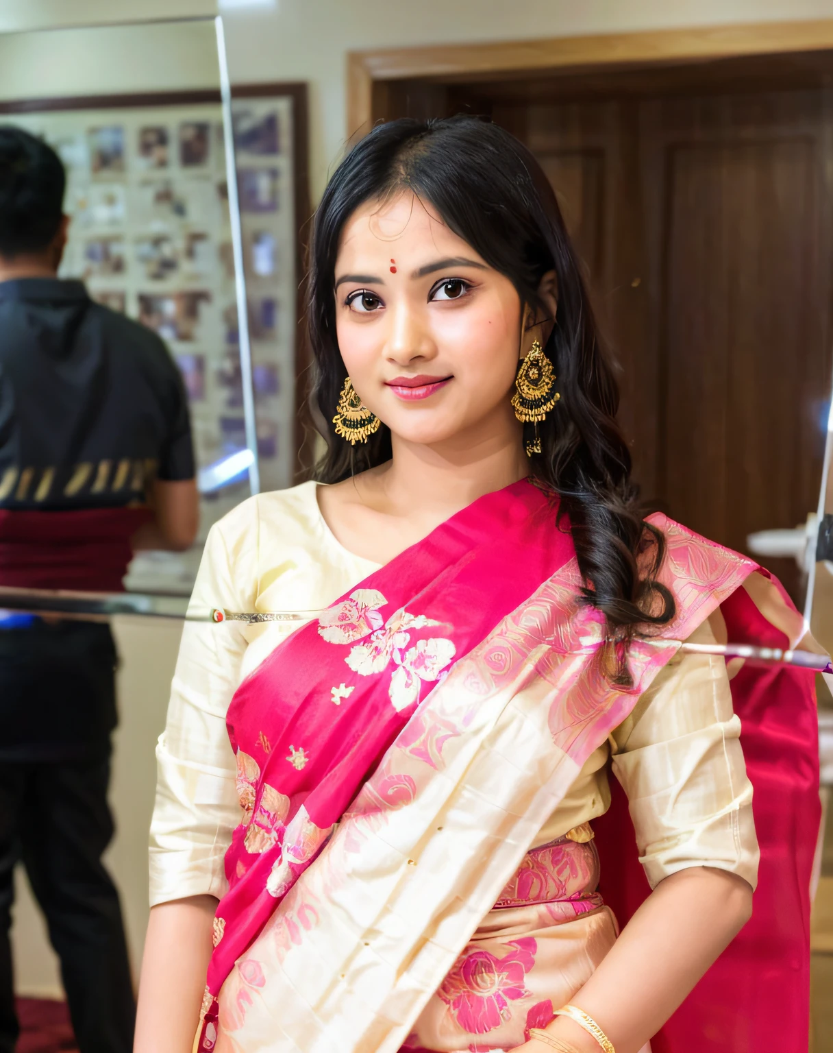 a woman in a sari posing for a picture in front of a mirror, traditional beauty, wearing bihu dress mekhela sador, assamese aesthetic, candid picture, with lovely look, candid photograph, very beautiful girl, assamese, with a beautifull smile, with accurate face, shot on nikon z9, actress, at college