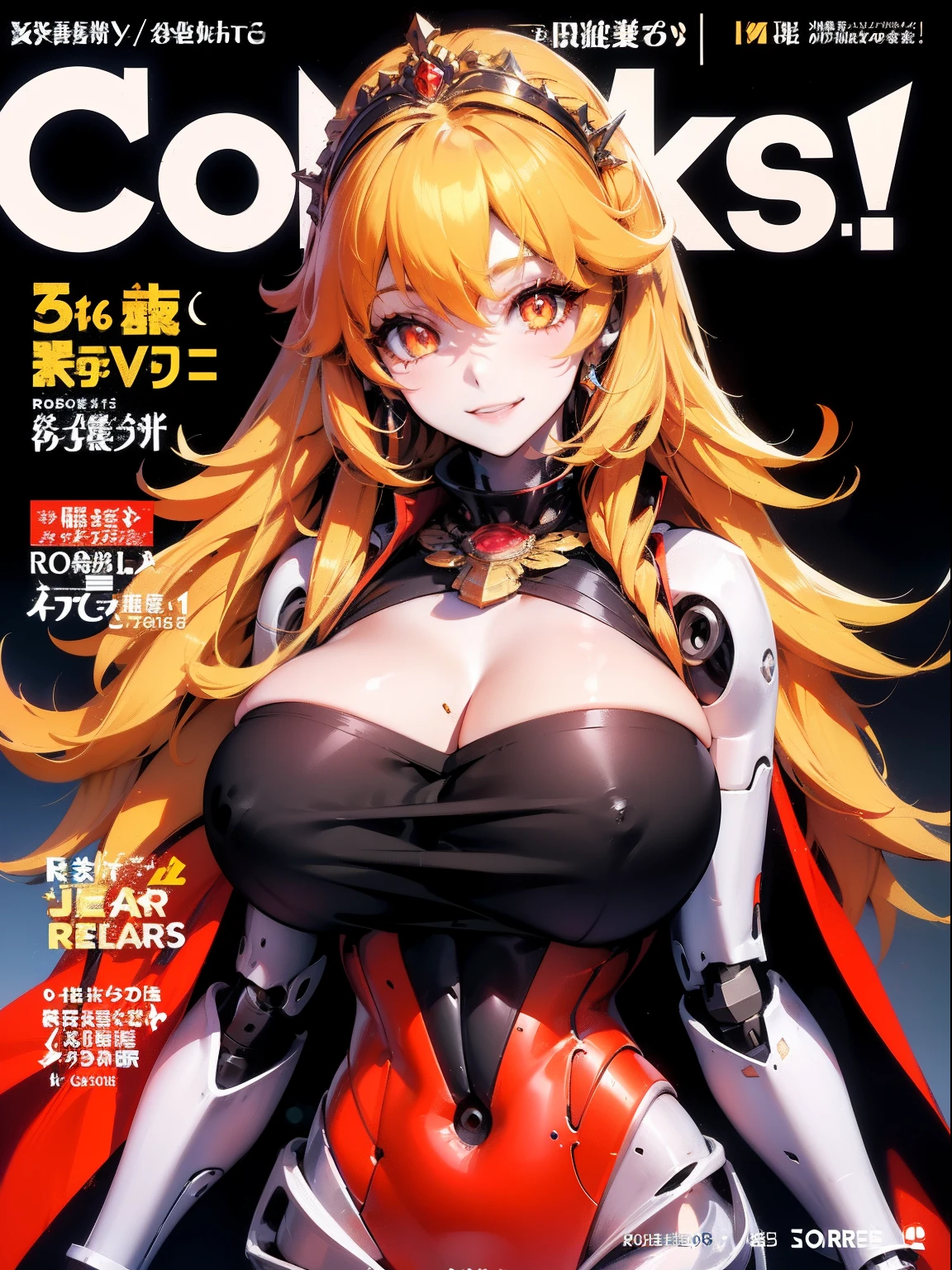 1girl,solo focus, robot girl, humanoid robot,robot joints,orange eyes,long hair, (colored skin),huge breasts,tiara, jewelry,gold trim, sleeveles,cape,upper body,looking at viewer,magazine cover,smile