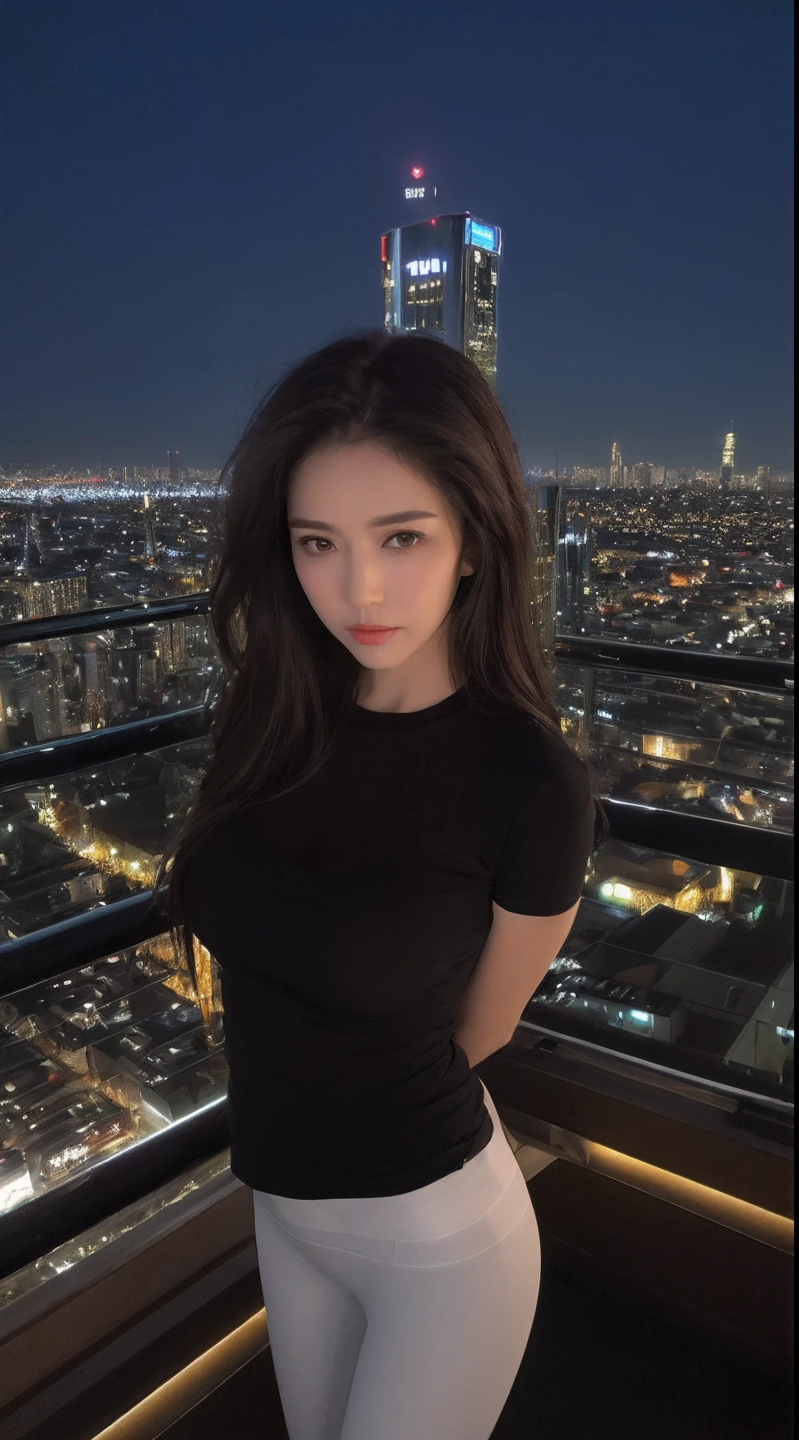 ((Best quality, 8k, Masterpiece :1.3)), Whole body, Long legs, Sharp focus :1.2, A pretty woman with perfect figure :1.4, Slender abs :1.1, ((Dark brown layered hair, Big breasts :1.2)), (White tight tshirt, Leggings, Standing:1.2), ((Night city view, Rooftop:1.3)), Highly detailed face and skin texture, Detailed eyes, Double eyelid