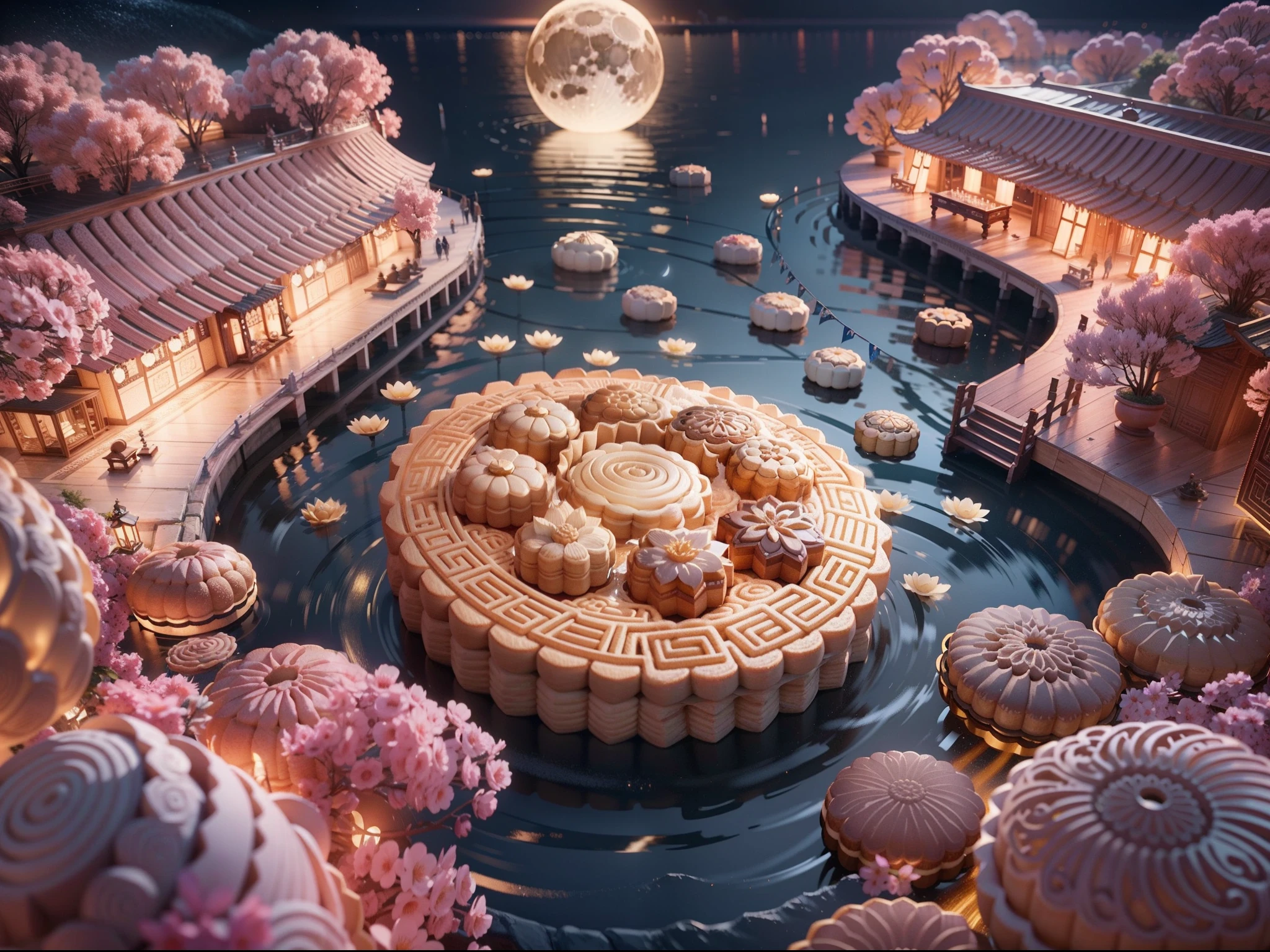 Mooncakes form a giant performance stage,Background of river flow,Bright moon,best qualtiy,3D modeling rendering,C4D style,wide wide shot,8K,