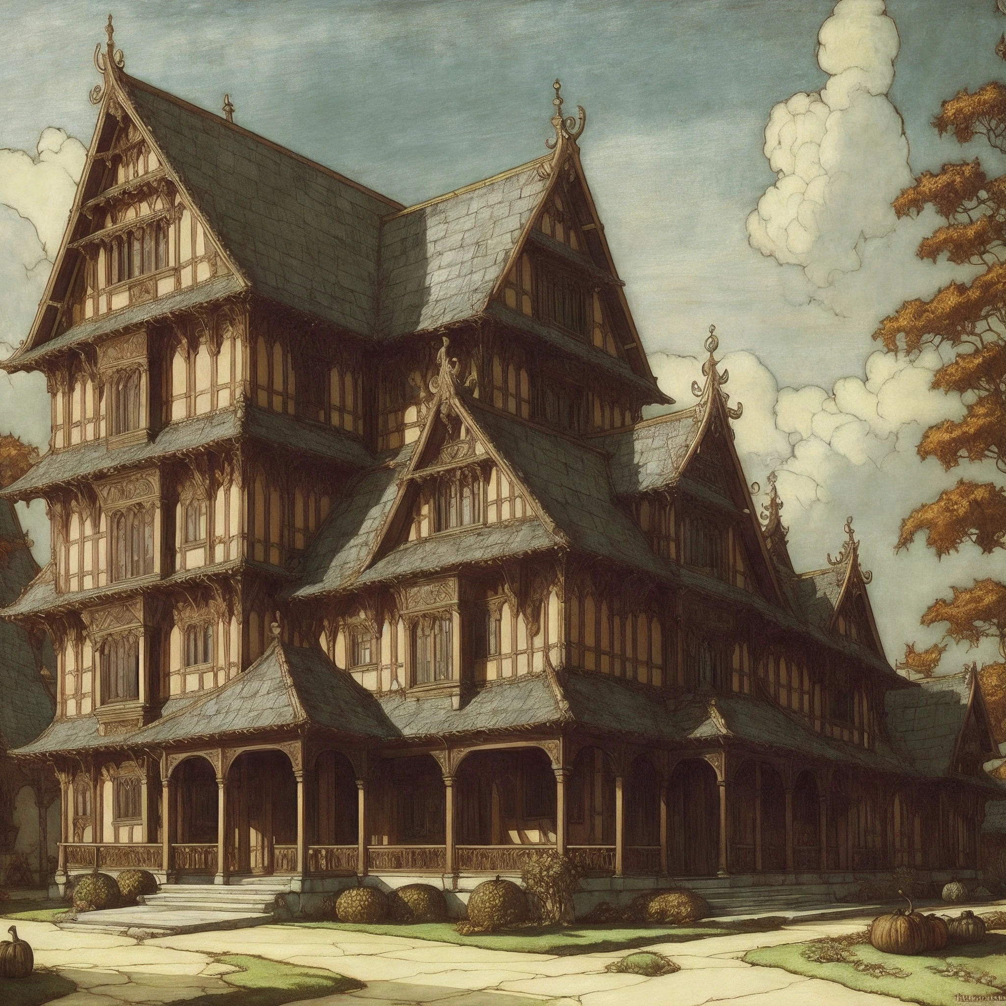 Pumpkin house, baroque, ((Arthur-Rackham style)), oil painted, Detailed Illustration, ((Best Quality, tmasterpiece)), Extreme detailing, 8K