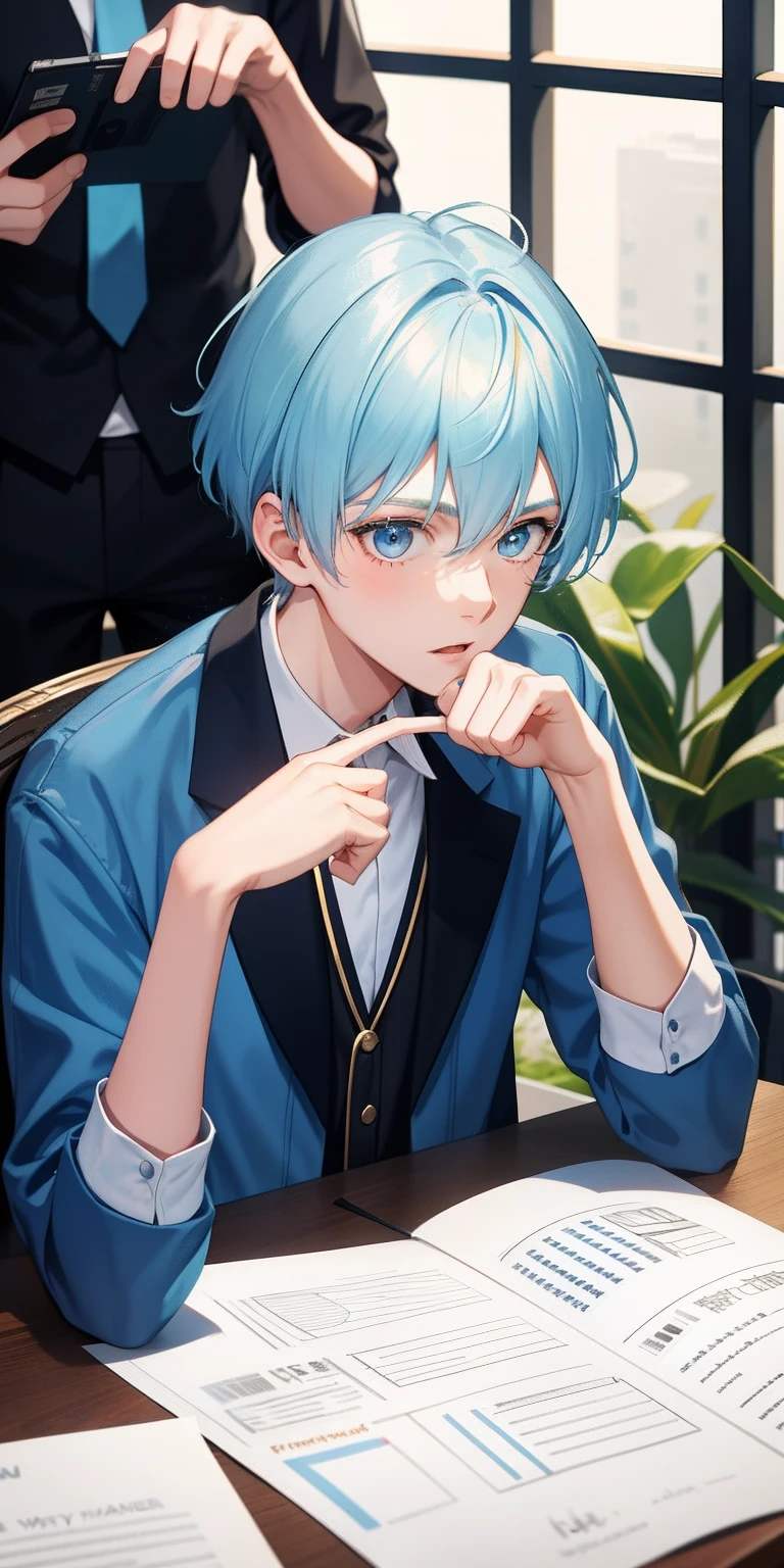 18 year old boy,Light blue hair, blonde eyes,Conduct an interview with a press release in hand