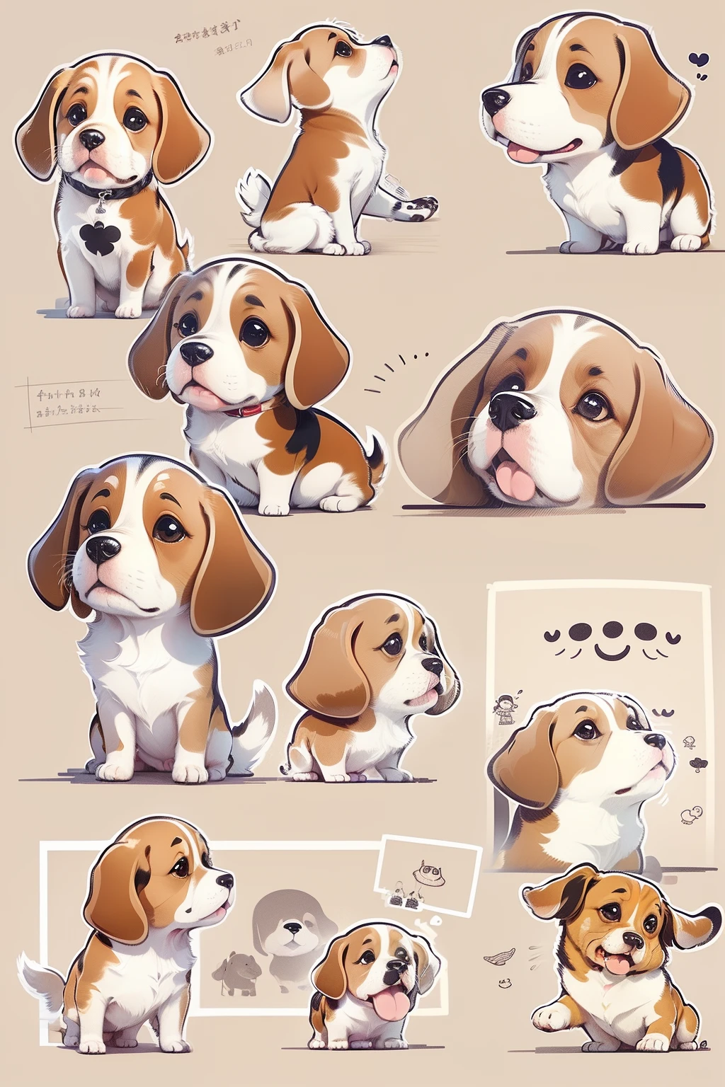 A cute beagle,9,9 figures,9 different expressions,multiple possand expressionses,the style of line drawing style, Dark white, Light beige, Loose gestures, Simple line work, Lacquer, Thick texture,style cute, emoji as illustration set, with bold manga line style, dynamic pose dark white