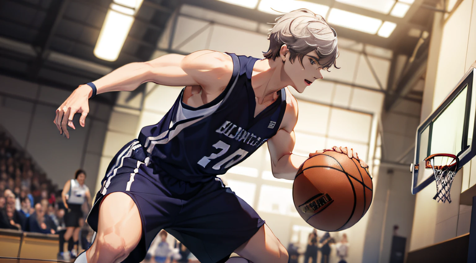 (4K, Best picture quality, A high resolution:1.1), (Masterpiece:1.1),On the basketball court,A basketball student,schoolboy,Tall,Strong body,Basketball jersey,Goat's beard,white color hair,All eyes and ears,Clear facial expression details