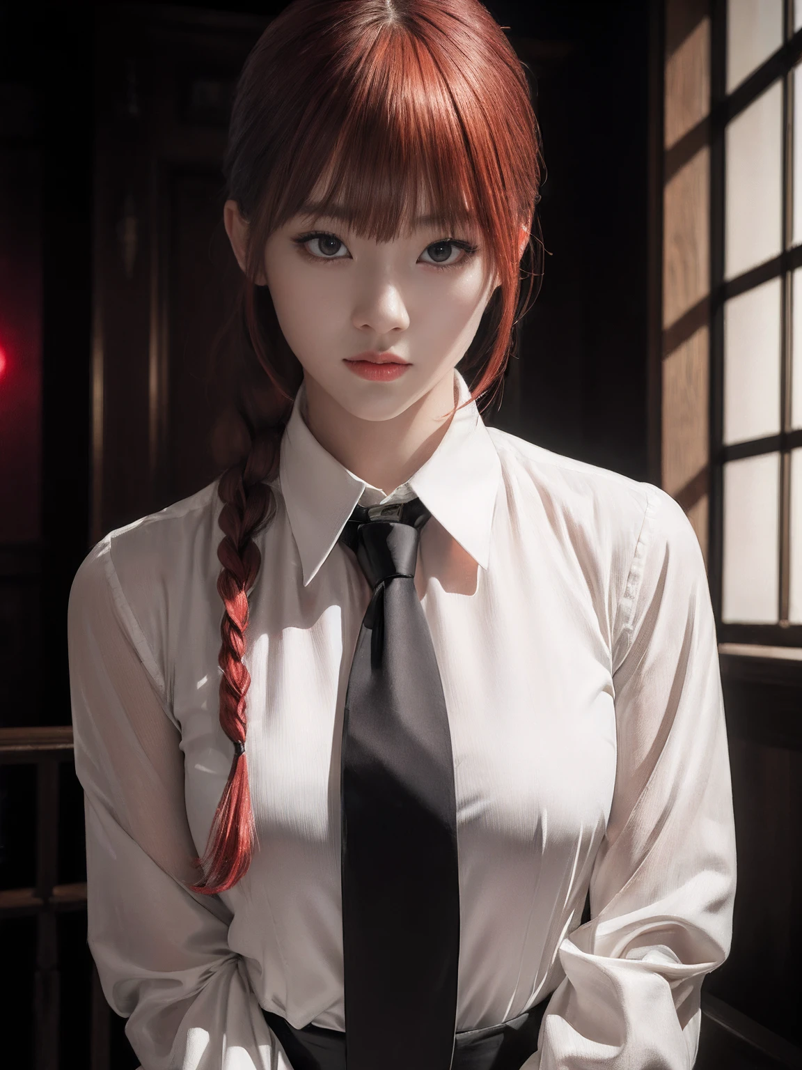 ((Masterpiece, high resolution:1.4)), Cinematic film still, korean idol,(medium shot), dynamic pose, (photography:1.1), (photorealistic:1.1), 1girl, japanese girl, beautiful model, beautiful face, perfect face, confident facial expression, pale skin, seductive look, indoor, ((detailed facial features)), (cold colors), damp, moist, dark mood, intricate details, shallow depth of field, (evil:1.2), looking at viewer, (interview:1.3), cinematic red light, (red light), night, photographed on a Canon EOS R5, 50mm lens, F/2.8, HDR, 8k resolution, (ulzzang-6500:0.5), (collared white shirt), (black necktie), uniform, black pants, (red hair)+(long braided hair)+(bangs), collared shirt, intricate, high detail, dramatic, polished, sharpened, ((full Sharp)), (extremely absurdres),16k hdr