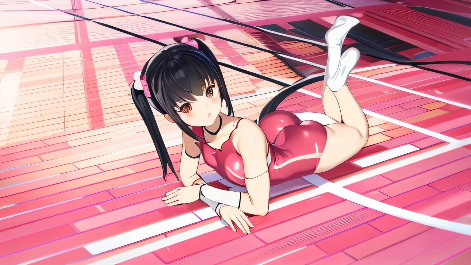 Anime girl lying in gymnasium in pink rhythmic gymnastics leotard、an anime girl、Anime girl is squatting、Cute anime girl rendering、Twintails with black hair、anime styled、smooth anime cg art、Flesh-colored legged legged anime Barbie、beautiful anime girl squatting、Realistic anime style、Anime Real、young anime girl、Ecchi Anime Style、Mai Hayakura of Photocano