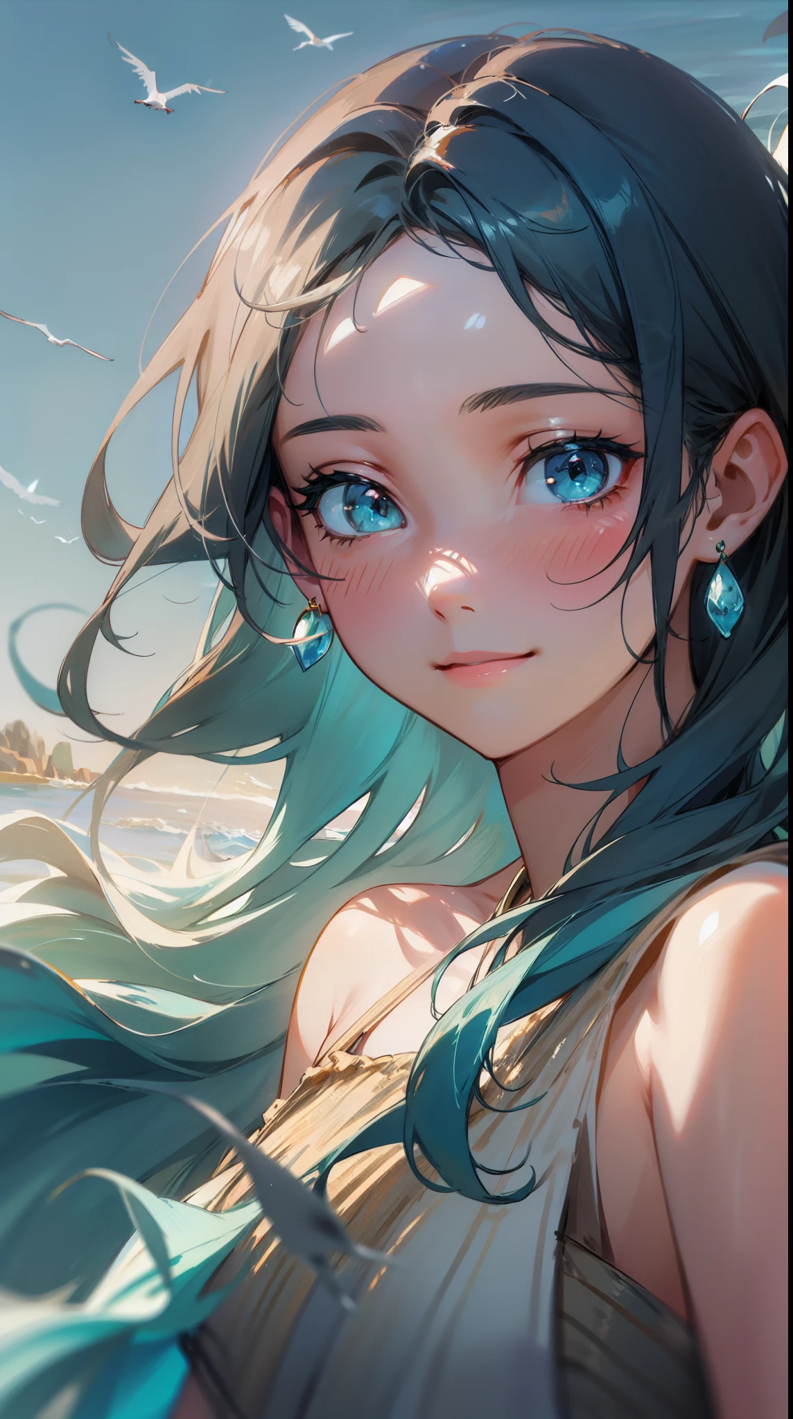 ((masterpiece)), best quality, 8k, high quality, high resolution, super detailed, ultra detailed, photorealistic, aquamarine and finely detailed face and eyes, ultra detailed and detailed skin texture, watery eyes, perfect face, 1 girl, cascading indigo hair, (oceanic attire), cerulean eyes, (seashell jewelry), (oceanic aura), standing on a rocky shore, gazing at the waves, tranquil expression, ((calm smile)), dawn, tranquil beach, lapping waves, soothing ambiance, (seagulls), (gentle surf), since time immemorial, Thalassa, watery eyes, seascape background