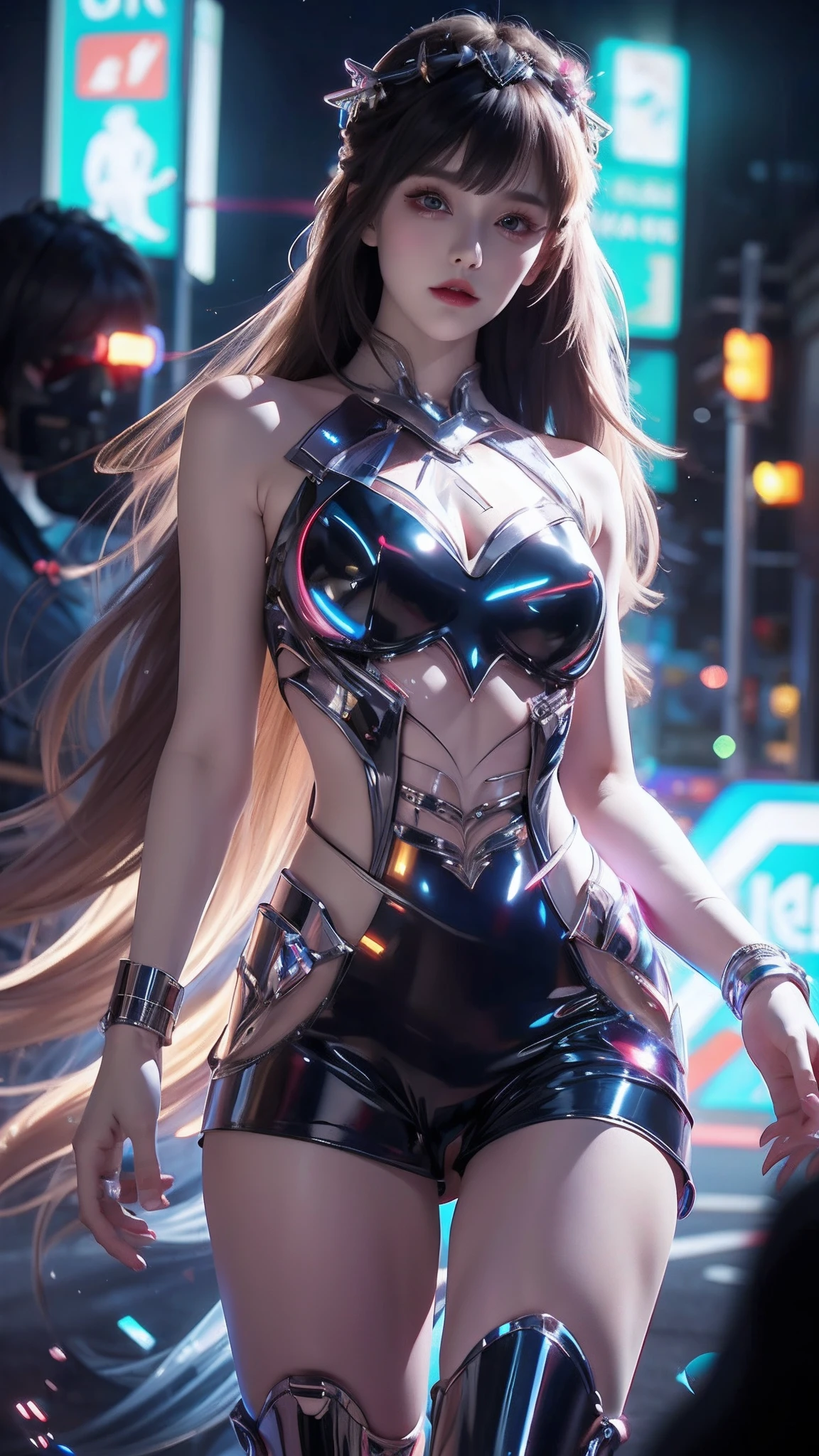 4k ultra hd, masterpiece, high details, a girl, cute face, detailed eyes, long hair, detailed lips, medium breasts, orange neon lights on dress, Cyberpunk orange dress, orange neon lights connected on dress, neon breasts, bare waist, electric current effect, glowing effect, direct-x 2.0, high graphic nigh lights, spreading light, light reflection, light reflection on road, light reflection, everywhere spreading lights, neon lights, whole body capture,