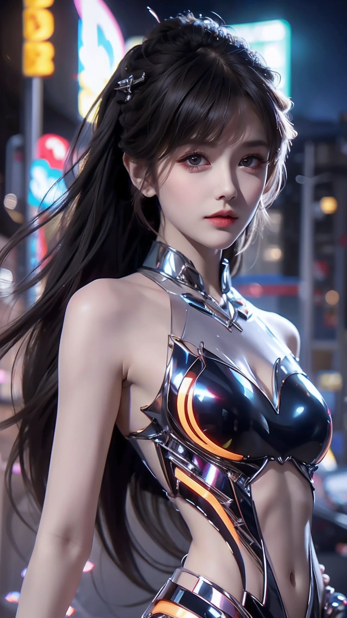 4k ultra hd, masterpiece, high details, a girl, cute face, detailed eyes, long hair, detailed lips, medium breasts, orange neon lights on dress, Cyberpunk orange dress, orange neon lights connected on dress, neon breasts, bare waist, electric current effect, glowing effect, direct-x 2.0, high graphic nigh lights, spreading light, light reflection, light reflection on road, light reflection, everywhere spreading lights, neon lights, whole body capture,