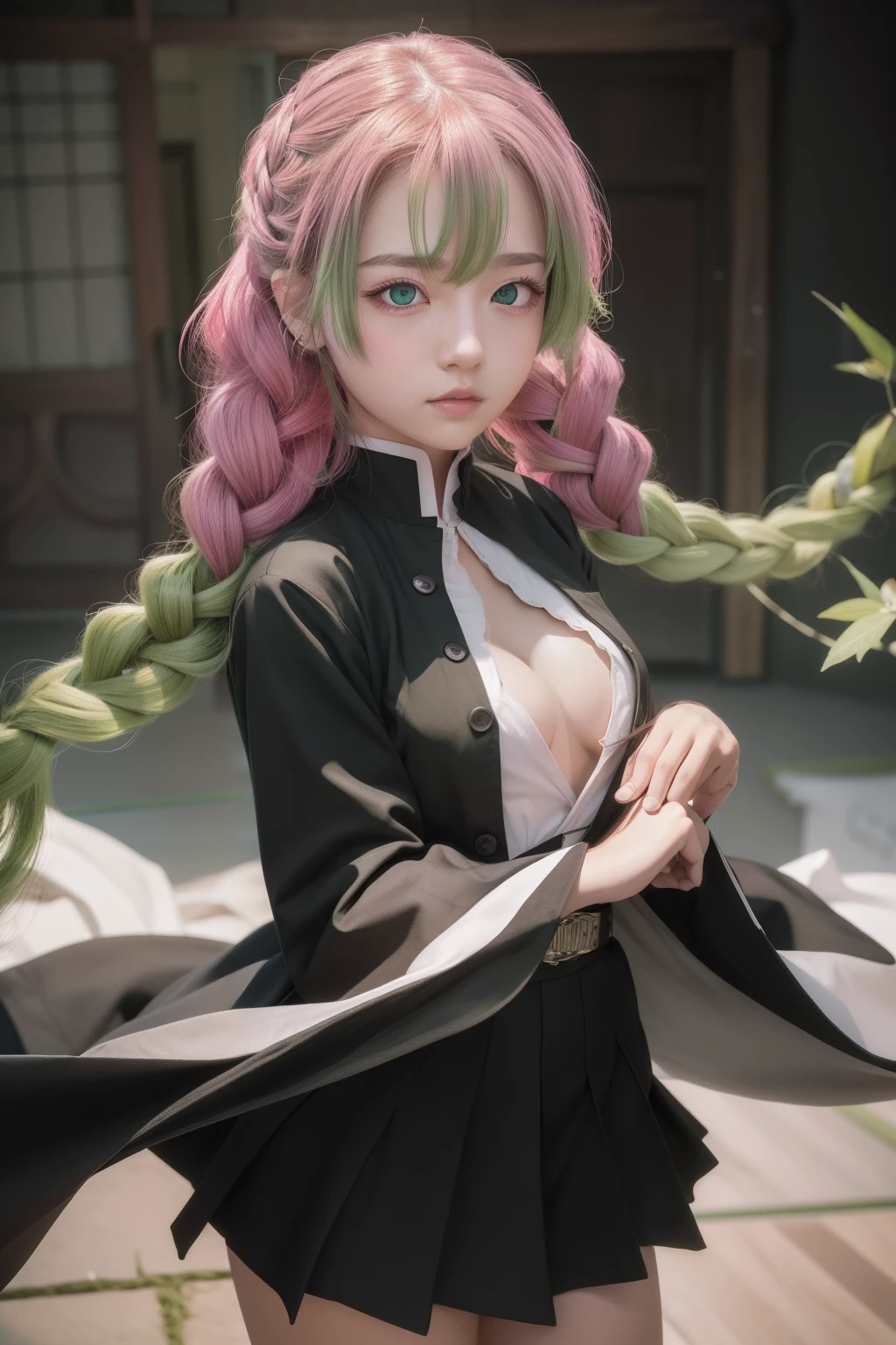 mitsurikanroji, mitsuri kanroji, braid, gradient hair, (green eyes:1.5), green hair, long hair, mole,  mole under eye, multicolored hair, pink hair, twin braids, two-tone hair,
BREAK belt, black skirt, cleavage, coat, demon slayer uniform, haori, japanese clothes, long sleeves, miniskirt,  partially unbuttoned, pleated skirt, skirt, uniform,
BREAK looking at viewer,
BREAK indoors,
BREAK (masterpiece:1.2), best quality, high resolution, unity 8k wallpaper, (illustration:0.8), (beautiful detailed eyes:1.6), extremely detailed face, perfect lighting, extremely detailed CG, (perfect hands, perfect anatomy),