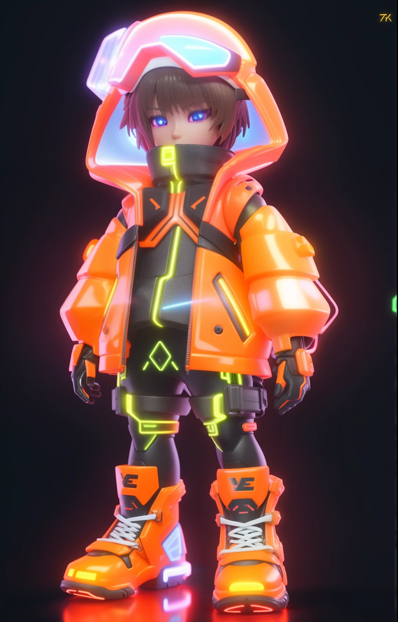 Close-up of toy figure in jacket and boots, neon armor, translucent neon skin, 8 k highly detailed ， stylized neon, cyber suit, glowing neon skin, fluffy orange skin, with glow on some of its parts, Stylized anime, Personagem pequeno. Unreal Engine 5, brown tanned skin, 3 d render stylized