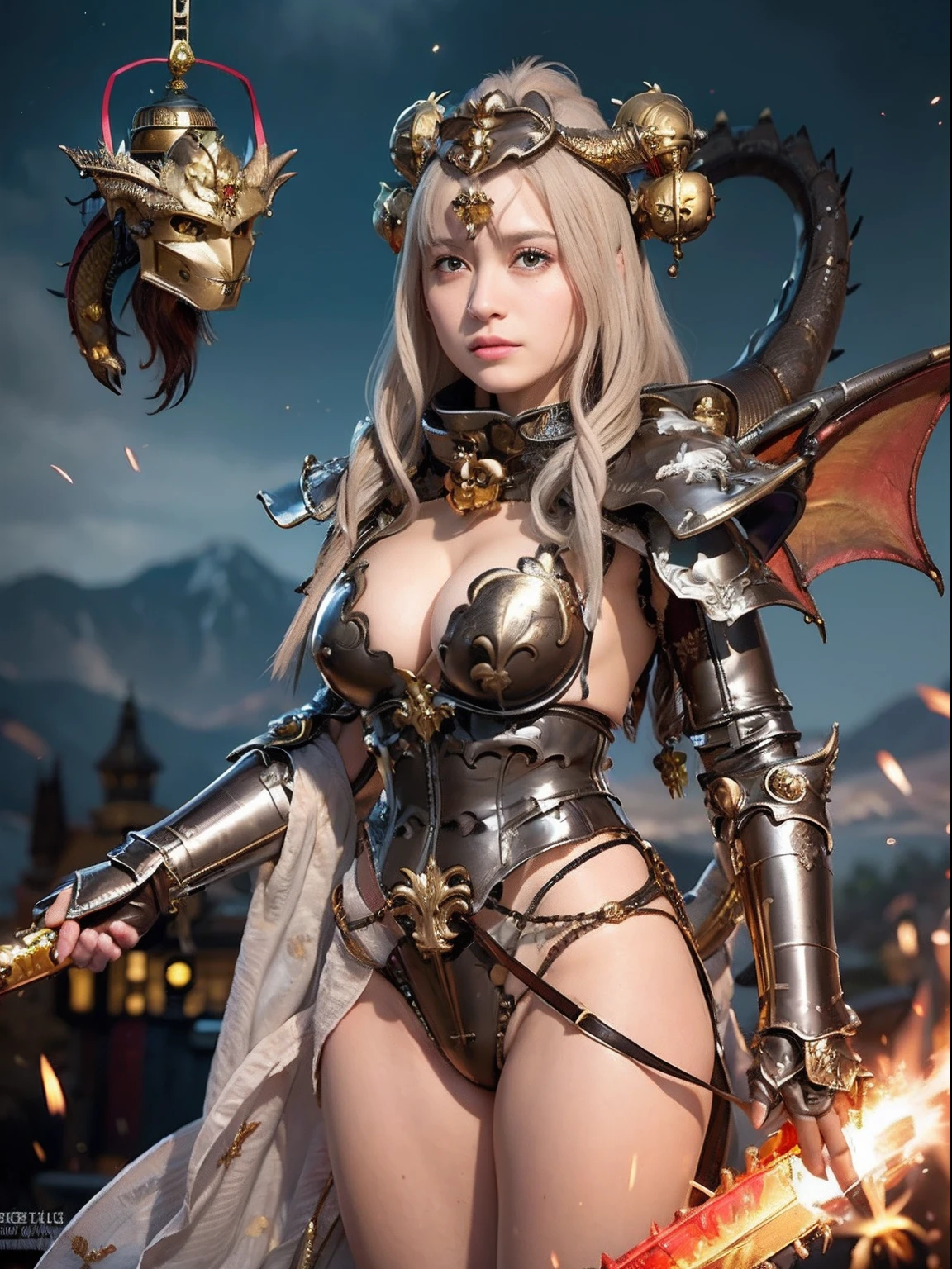 Professional , masterpiece、top-quality、photos realistic , depth of fields 、(Dragonlet Metal Body:1.9),(Mattretto、(cleavage of the breast)、Dragon Gold Weapon、(Micro Bikini Armor:1.4),Gorgeous gold weapons ,(( Dragon's dense and gorgeous sword)) , (demonic wings)、((a blond))、(Castle background)、((Gangle's forest background))、Beautiful Caucasian beauty、1a person、dynamic ungle,(((Detailed and ornate dragon helmet)))、Smaller head、A smile、Castle background、Thin and beautiful female hands、cleavage of the breast、Soldier in iron armor on background、Mystical expression、Light Effects、intense fighting、Wind-effect、magic circles、With the legendary magic wand、Dragon's tail、explosions、