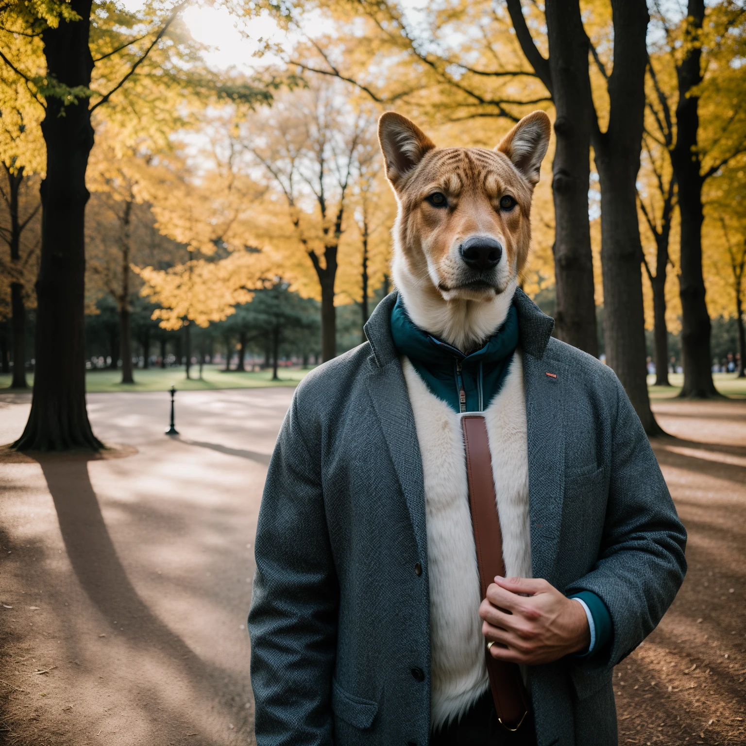RAW photo, animal, a portrait photo of [man:dragon:2] humanoid in clothes, in the park, 8k uhd, dslr, soft lighting, high quality, film grain, Fujifilm XT3