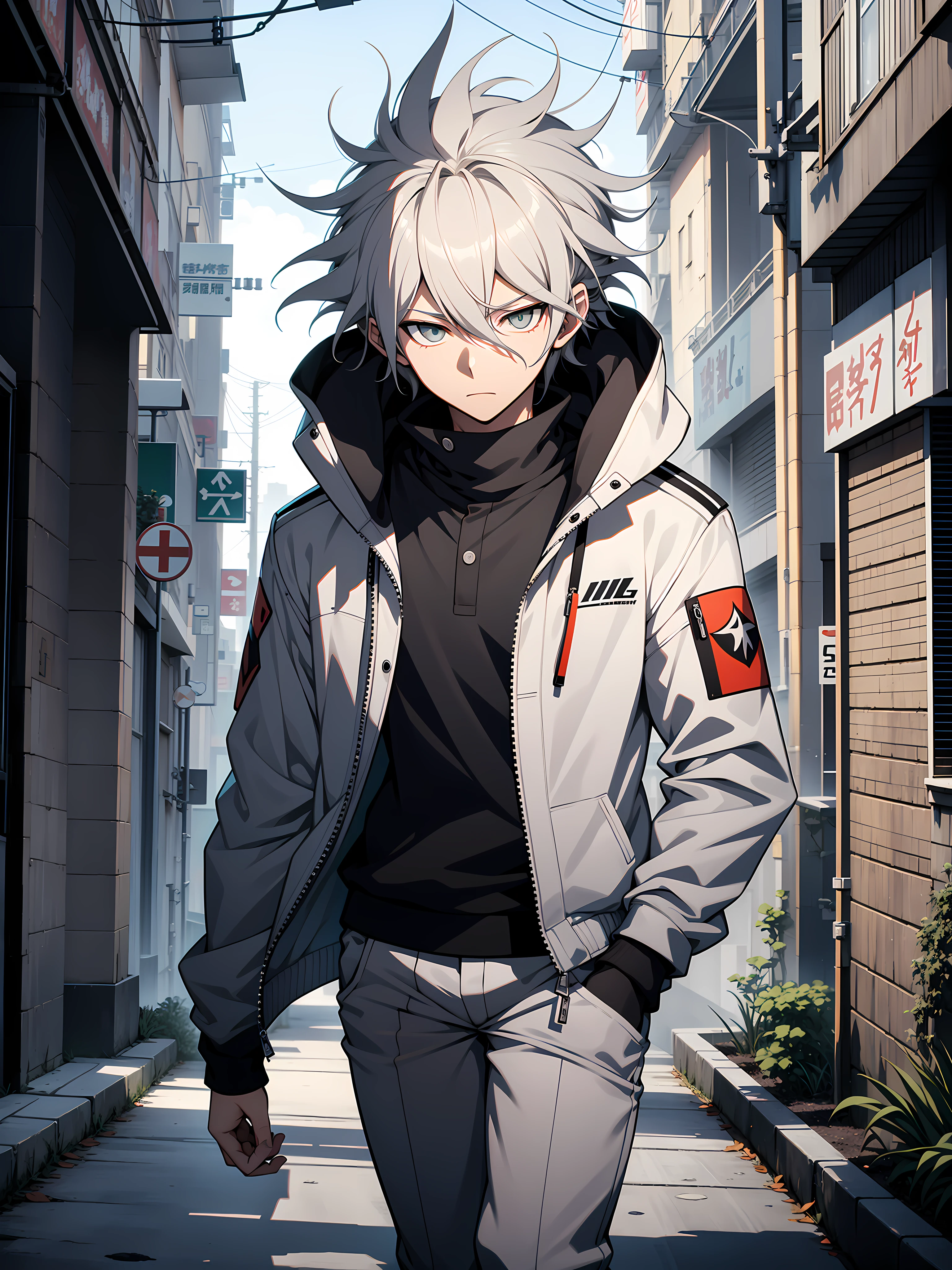 anime character dressed in a white jacket and gray pants, hajime yatate, nagito komaeda, nagito komaeda from danganronpa, official character art, tall anime guy with white eyes, a silver haired mad, male anime character, inspired by Okumura Togyu, digital art from danganronpa, handsome anime pose, his in the neighborhood, good composure, looking at viewer, high resolution, ultrasharp, 8k, masterpiece