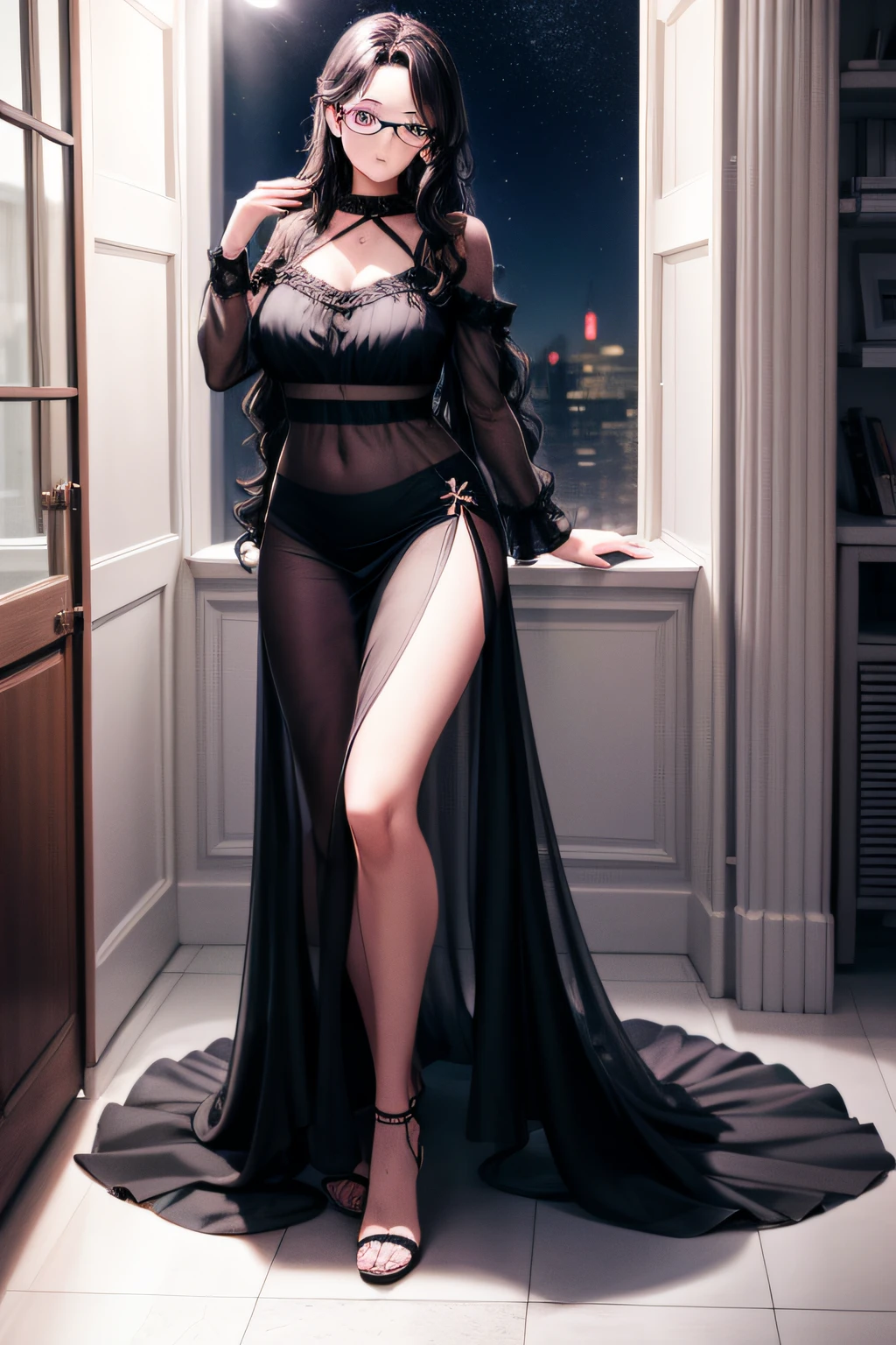 {-erro_de_anatomia:1.0}(Masterpiece - Ultra-Detailed, High Resolution) Prepare to be enchanted by a true masterpiece that combines ultra-detailed art with high-resolution rendering. This work shows a mesmerizing woman, with short black hair, 1950s style,(1.3) and captivating green eyes (1.2), New York illustration style, wearing red lipstick, emanating an aura of elegance and mystery. Wearing classic 1950s clothes. Sexiest. Intricate details and realistic textures invite you to explore every aspect of this enchanting composition. Transparent black dress. Lying in bed. Backwards, Looking back. Get ready to dive into a world where beauty and craftsmanship merge perfectly.