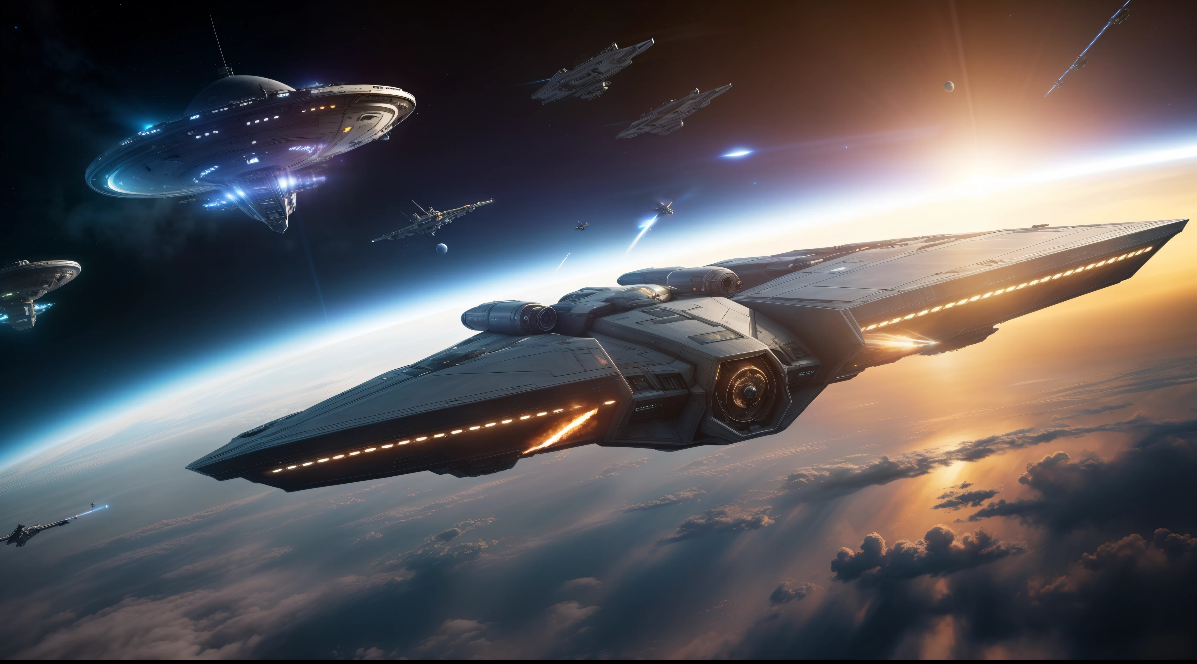 best qualtiy， tmasterpiece， detailedbackground，Spaceships fly in the sky，with a planet in the background, sci - fi spaceship in combat, star citizen digital art, wide shot of a spaceship battle, award winning scifi art,star citizen concept art,