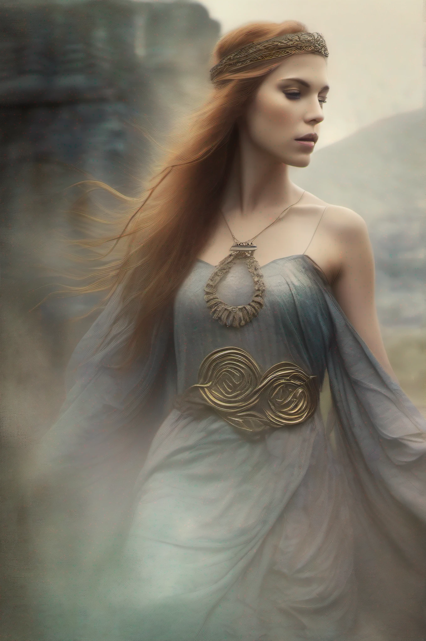Celtic Warrior Woman, Stone Ruins, Tall and Slender, Flowing Dress with Celtic Knot Jewelry, Procreate, Watercolor Technique, Poster Design, 300 DPI, Soft Lighting, Ethereal Art, Mysterious, Serene Expression, Enchanting Atmosphere, bokeh, photo, 8k, dark, dynamic action, pale washed out style, dreamy nostalgic, soft focus, dark vignetting, light leaks, medium photography, gloomy artistic painterly ethereal, whimsical, coarse grain photo