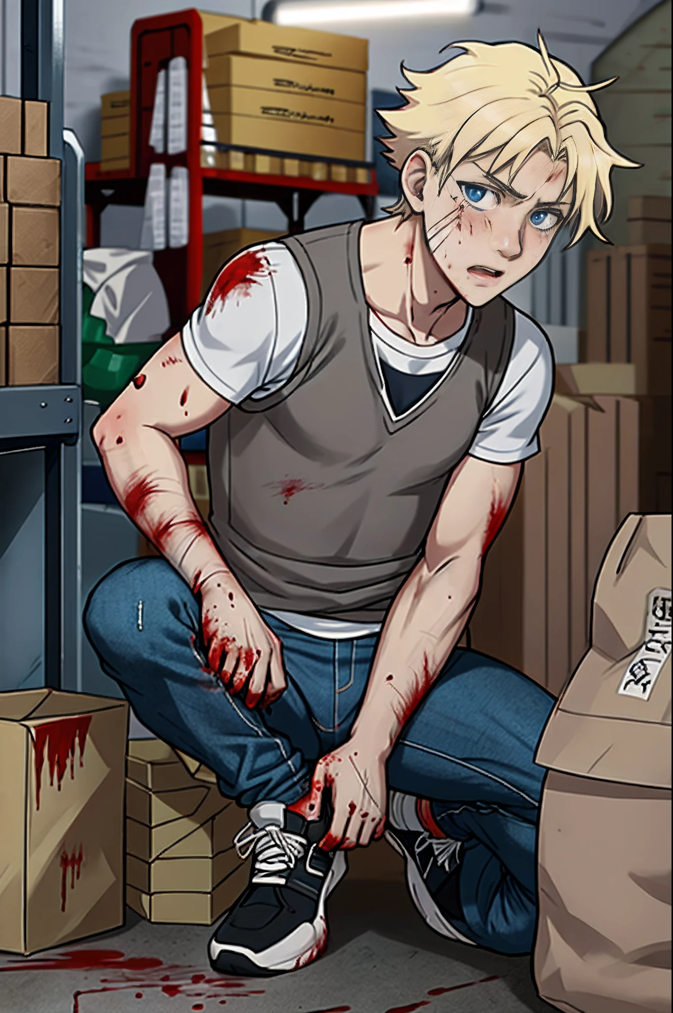 anime, injured scared boy, blond, blue eyes, gray long vest, gray jeans, black sports shoes, blood covered, warehouse, night, very dark