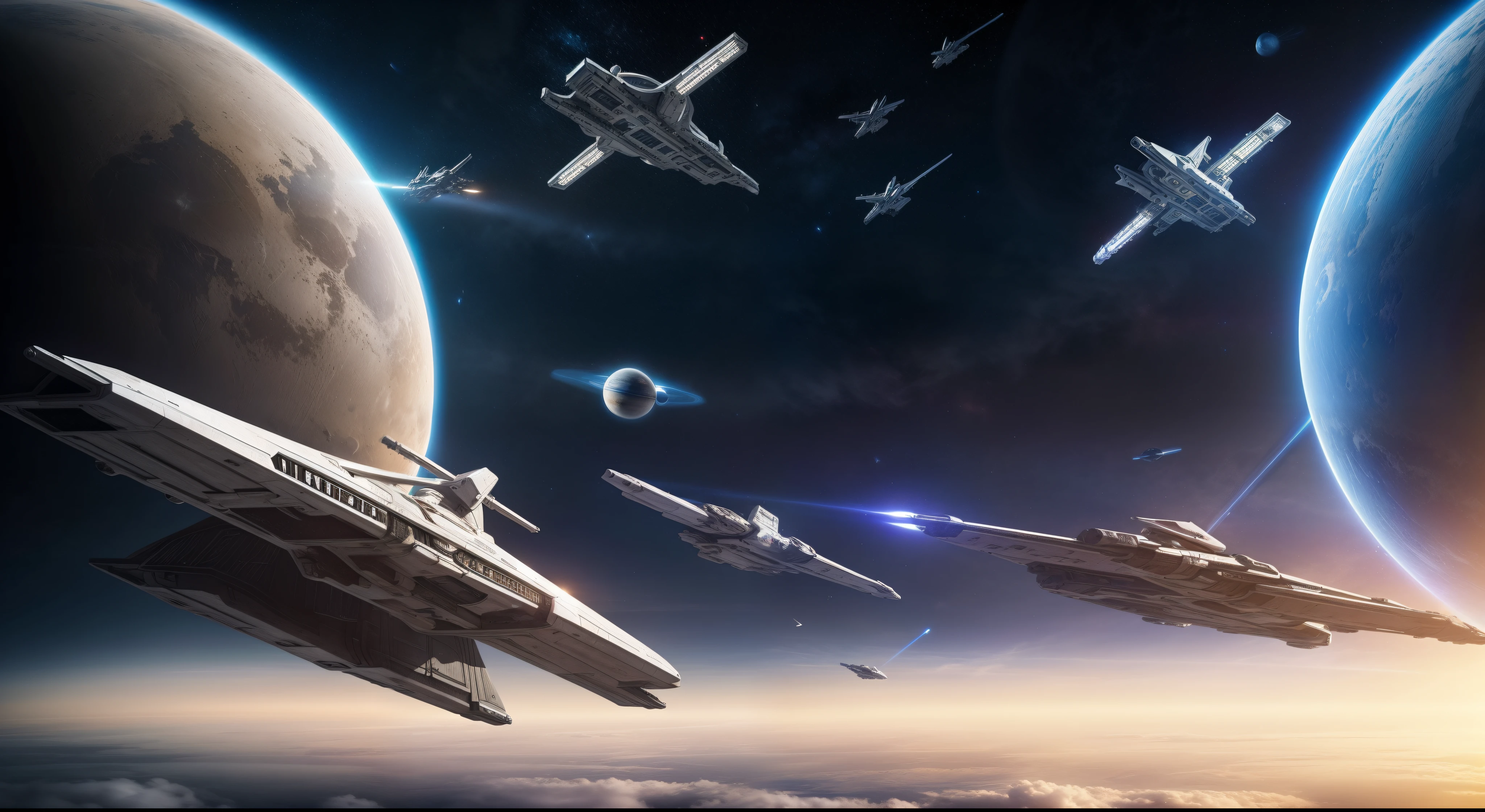 best qualtiy, tmasterpiece, detailedbackground,Spaceships fly in the sky,with a planet in the background, sci - fi spaceship in combat, star citizen digital art, wide shot of a spaceship battle, award winning scifi art,star citizen concept art,