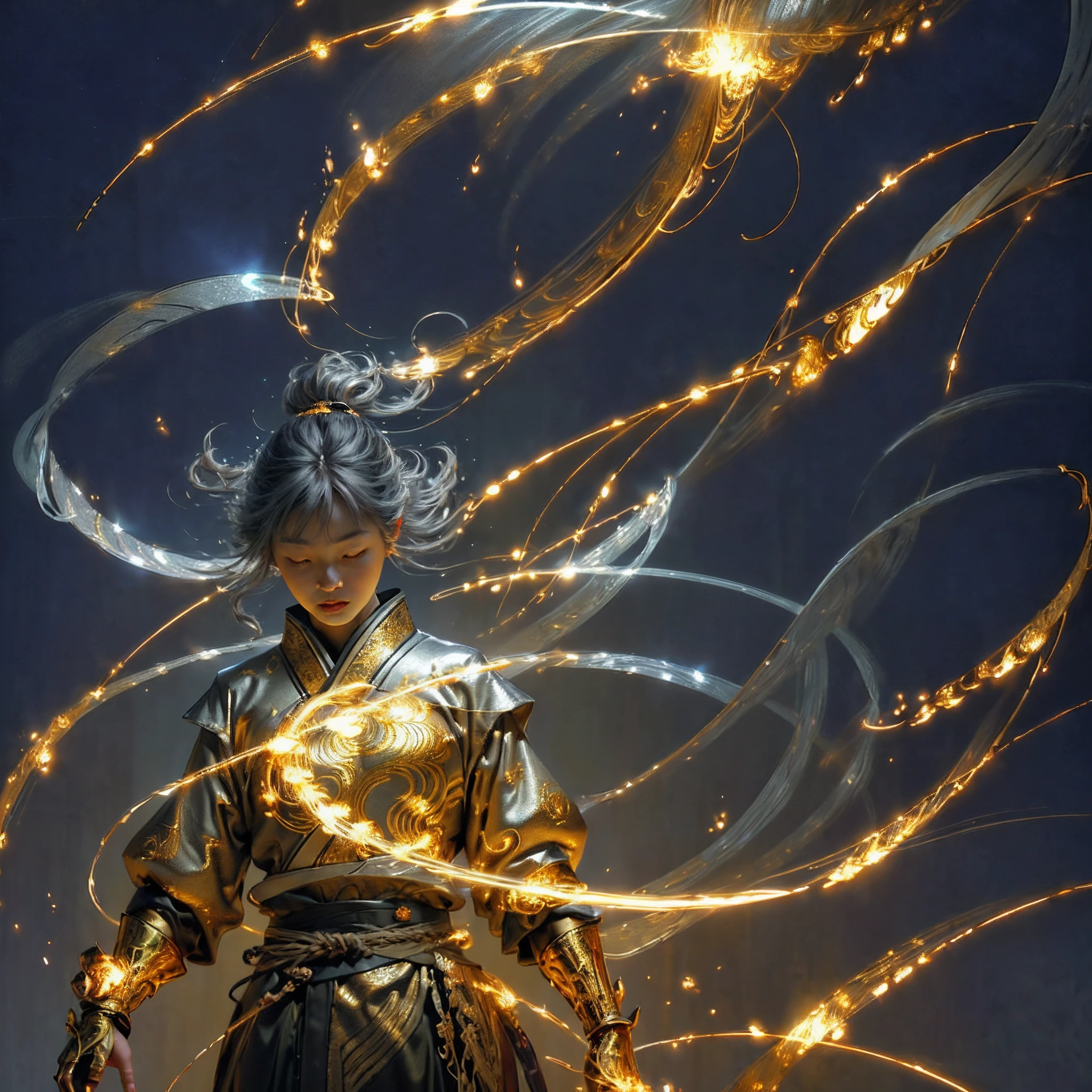 Best quality,masterpiece,ultra high res,solo,1girl, ,roujinzhi,Chinese Zen style,impactful picture,translucent and glowing metallic patterns,(glowing metal objects hovering in the air and surrounding him:1.2),(Electric arcs and sparks:1.2),(flow of energy:1.2),(translucent magnetic lines:1.2),(golden silver grey and shimmering light effects:1.2),