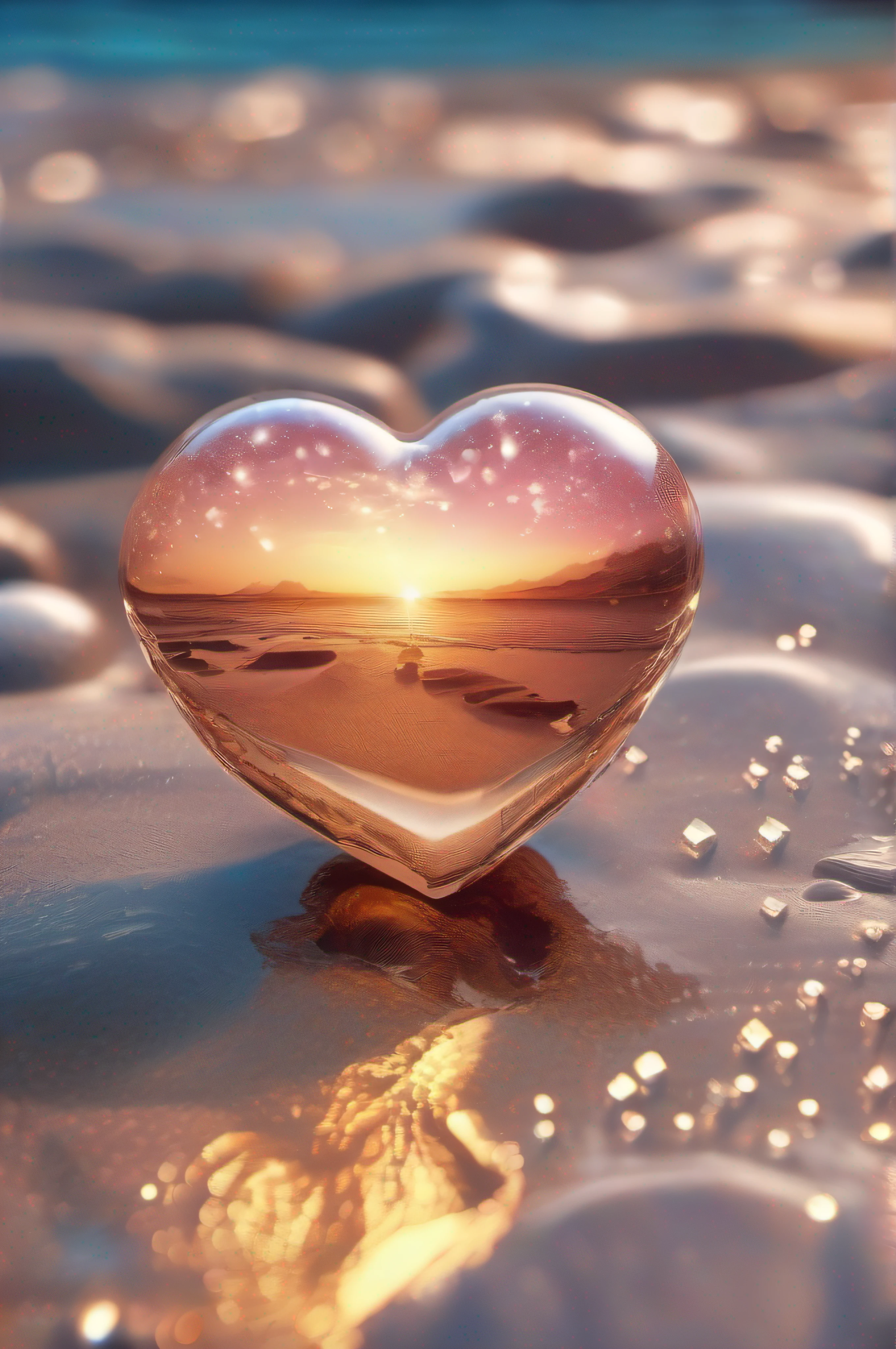 (8k wallpaper, .primitive, Photorealistic:1.25) ,( glossy side,, Best quality, Ultra-high resolution, Depth of field, color difference, Caustics, Special light) ,Iridescent color style,(dreamy and romantic compositions:1.5),Bright style,Crystal clear stone,Heart-shaped stone,sandbeach,with light glowing,rays of sunshine,