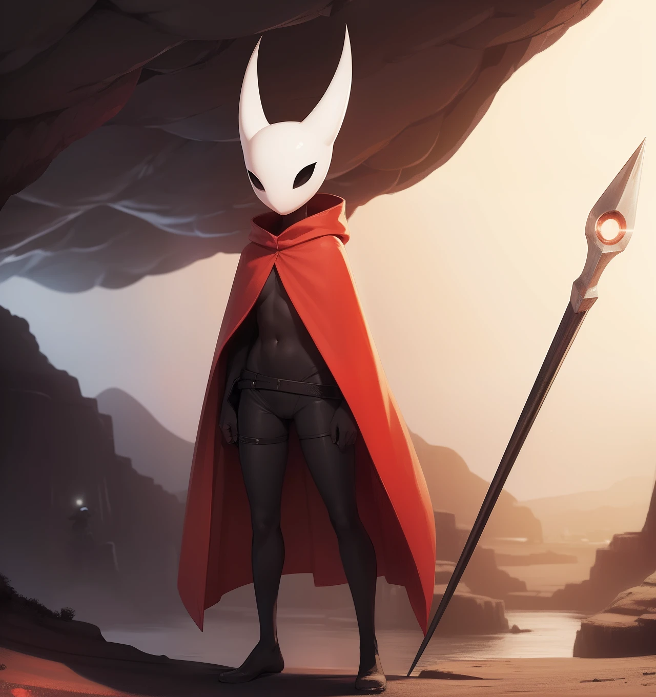 hornet, cute, chibi, no feet, furry female, anthro, needle weapon, thread, standing, solo, red cloak, (best quality), (detailed dark cave background:1.2), looking at viewer, holding weapon, flat colors,