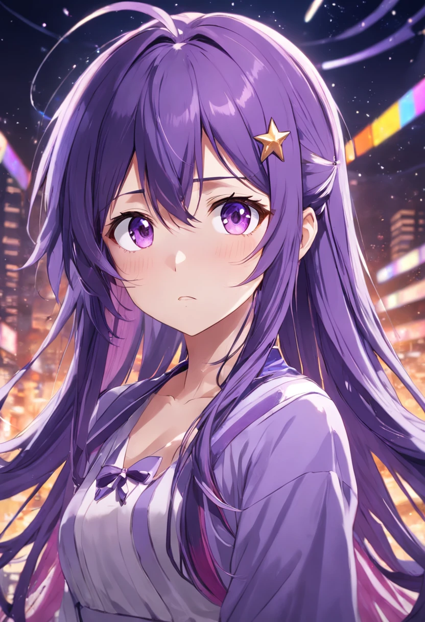 Hoshino Ai, long hair, purple hair, streaked hair ,purple eyes, star-shaped pupils, hair ornament,