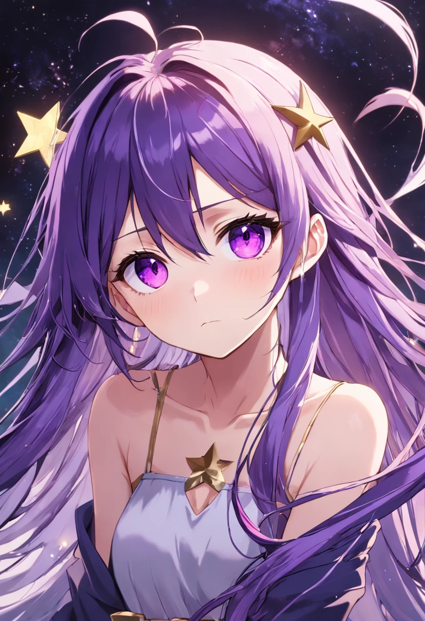 Hoshino Ai, long hair, purple hair, streaked hair ,purple eyes, star-shaped pupils, hair ornament,