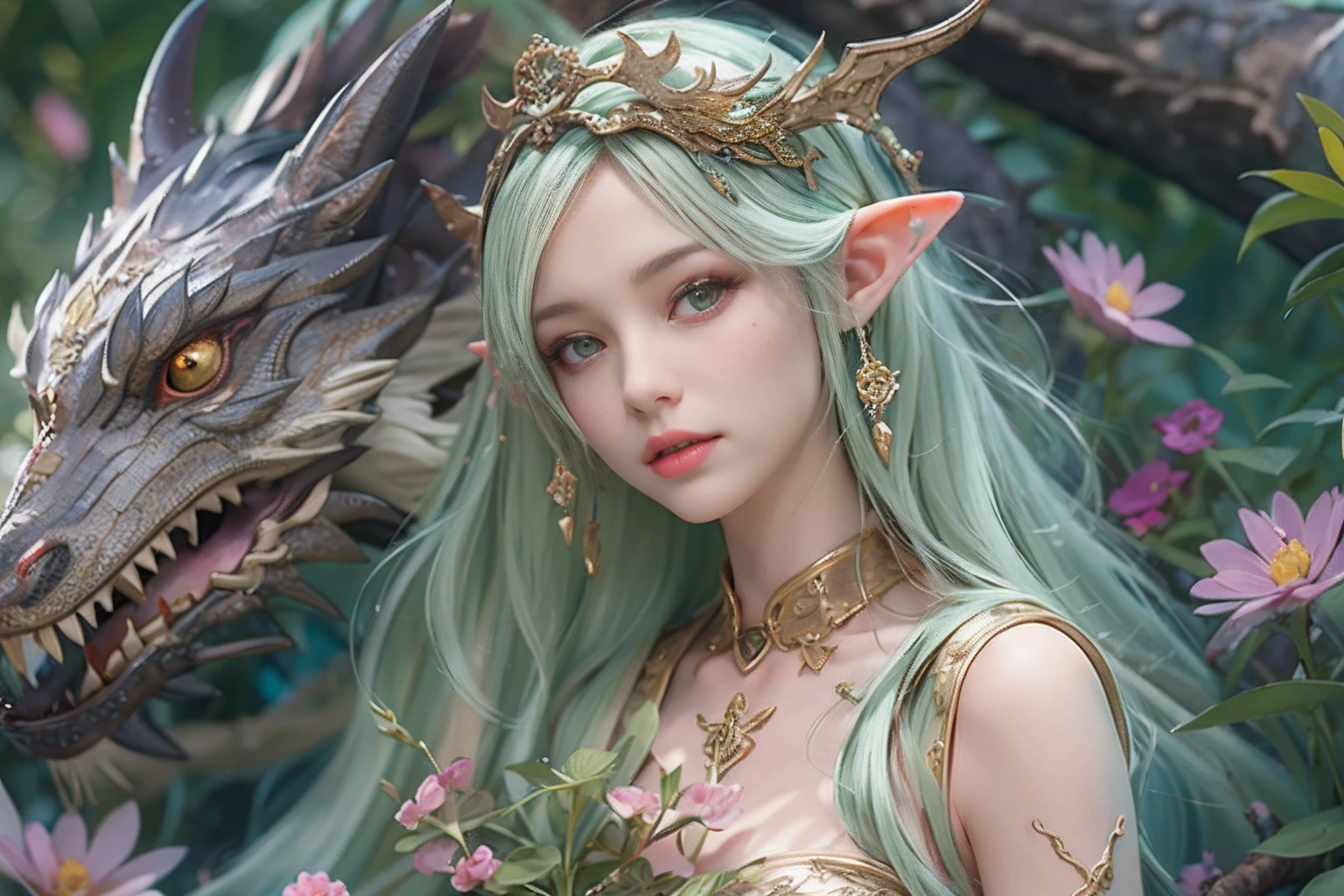 Masterpiece, Best quality, High quality, Extremely detailed Cg Unity 8K wallpaper, An enchanting and dreamy scene of a fantasy forest, (Beauty caresses the dragon: 1.4), Beauty hugging dragon, Complicity is evident in between, creating a sense of mysticism and charm, art stations, Intricate, Uptrend, award winning photography, Bokeh, Depth field, hdr, Blossom, color difference, Photorealistic, Extremely detailed, trending on artstationh, The trend is on CGSociety, Intricate, Highly detailed , Dramatic,((Elf Girl))