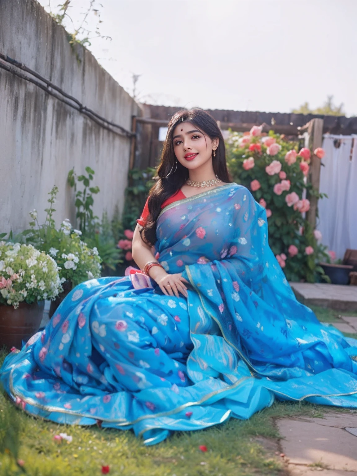 (((desi girl))), chubby face, natural skin, wearing red saree, charming black hair, ((hair ends are blonde)), (((shy looks))), greenary village background, bokeh, (round breast), (cute), (pink lips), (sexy smile), (pawz), (nsfw), (flower on wall), (flower pot with red and rose flower), (decorated wall with natural flower), (healthy women), (black hair), (long heair), indian actress, boob pressing, big boob, transparent saree, boob show, big boob