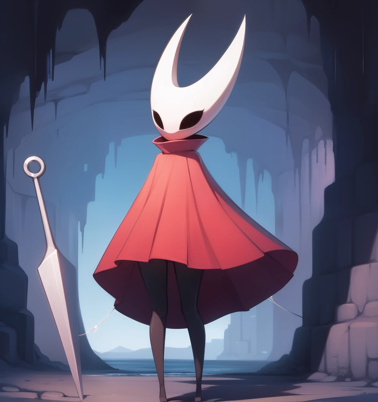 hornet, cute, chibi, no feet, furry female, anthro, needle weapon, thread, standing, solo, red cloak, (best quality), (detailed dark cave background:1.2), looking at viewer, holding weapon, flat colors,