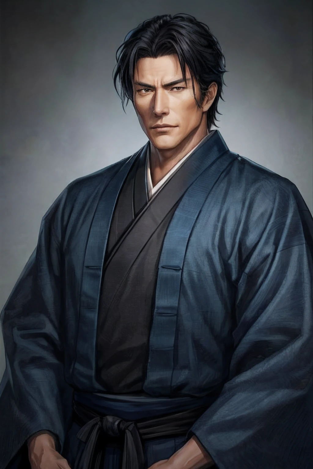 (masutepiece, Best Quality:1.2), Cowboy Shot, Solo, Male Focus, 1boy, Ichigo Kurosaki, slight smile, Looking at Viewer, Brown eyes, (Dark blue kimono)、(Black Band)、(((samurais)))、(((Handsome 50-year-old man)))、(((Tempered body)))、lean but muscular、muscular character,、high detailing、(((ninjartist)))、（beard）、（Wrinkle）、Gray(greys) haar