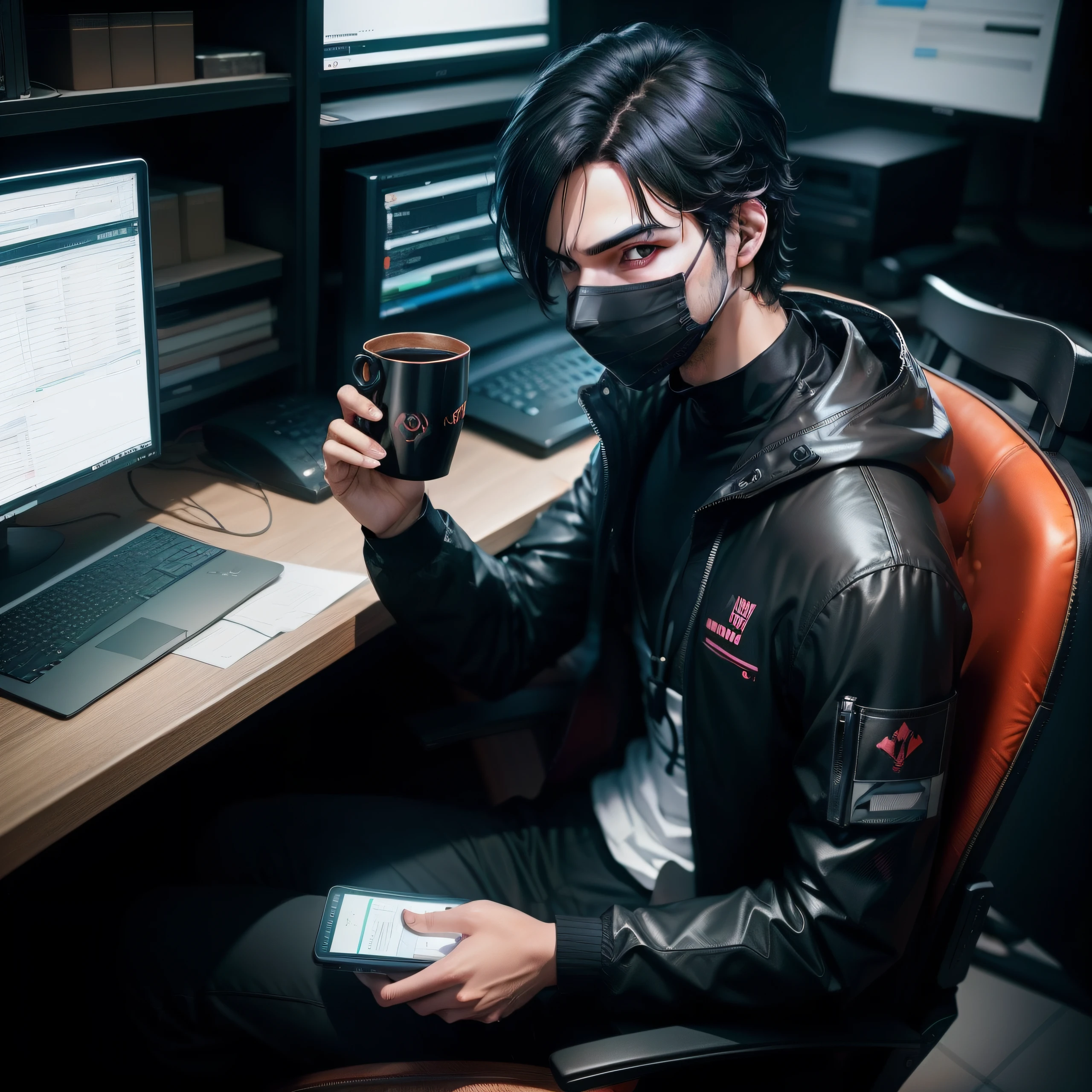 A mysterious person male wearing a sleek black outfit and a mask is sitting with a cup of tea, immersed in the world of stock trading on a terminal. Their black hair contrasts with the anime-inspired environment as they listen to music with headphones, focused on the forex screen.