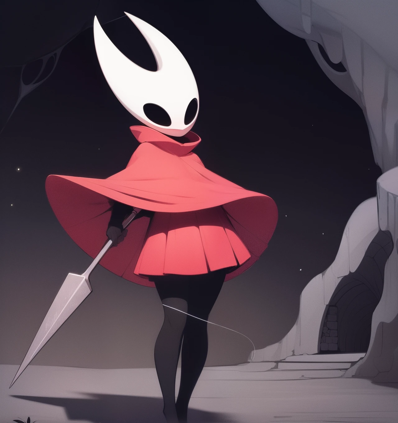 hornet, cute, chibi, no feet, furry female, anthro, needle weapon, thread, standing, solo, red cloak, (best quality), (detailed dark cave background:1.2), looking at viewer, holding weapon, flat colors,