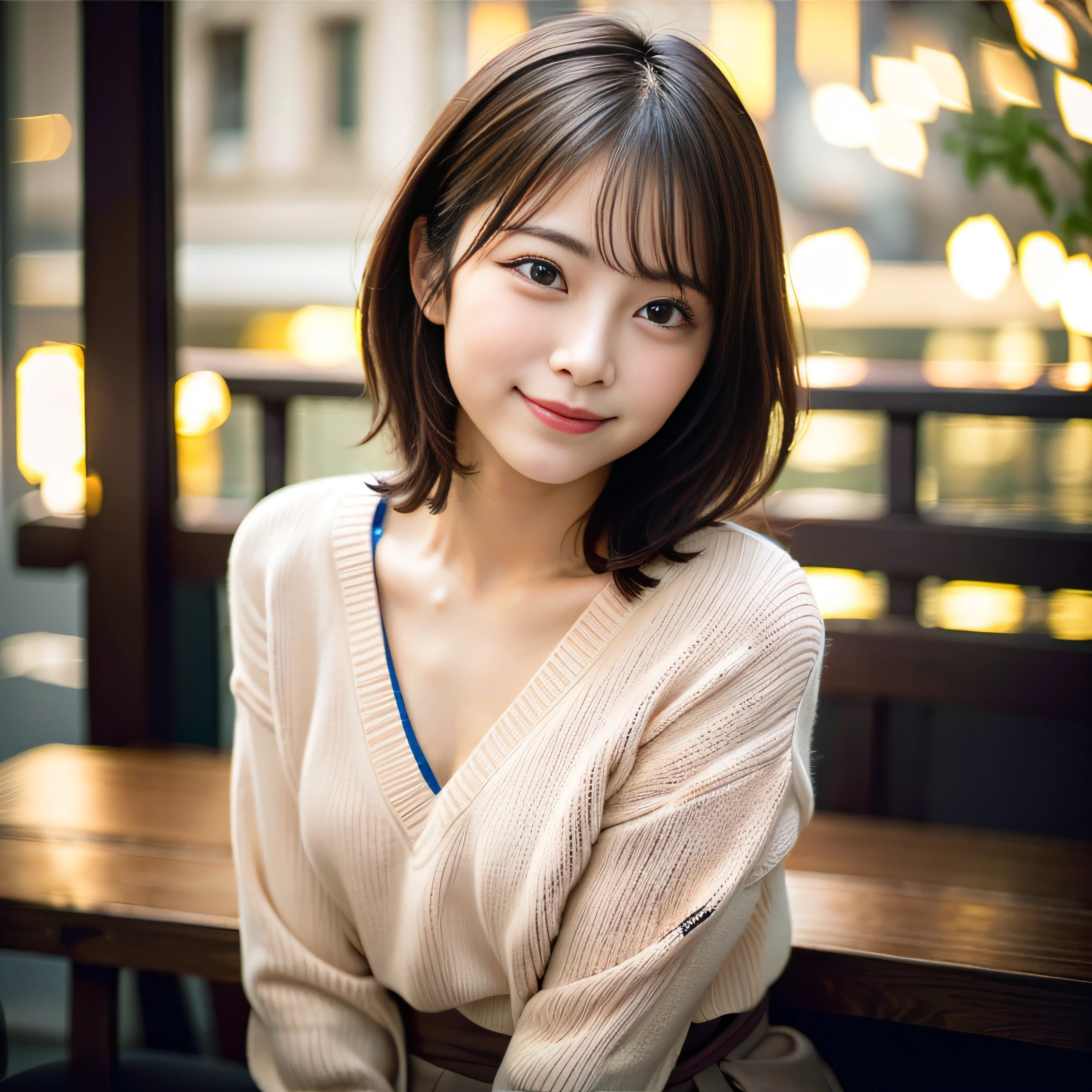 Japan girls in casual clothes、looking at the viewers、Pose with a smile(top-quality、masterpiece)))、hight resolution、ighly detailed、masterpiece、电影灯光、(8K、top-quality、masterpiece:1.2)、(realisitic、Photorealsitic:1.37) Hi-Res、The ultra-detailliert、1girl in 、 cute little, cute face, 独奏, Short hair 1.2, Textured skin, beautiful smiling face, Beautiful detailed sky, Detailed Cafe, natta, 电影灯光, Lens flare light、sitting on、Dating、(blushing nose)、(a smile:1.15)、(Mouth closed)tiny chest、beautiful finely detailed eyes、(Sweaters:1.1)、natta、(shorth hair:1.2)、from waist up:1.2
