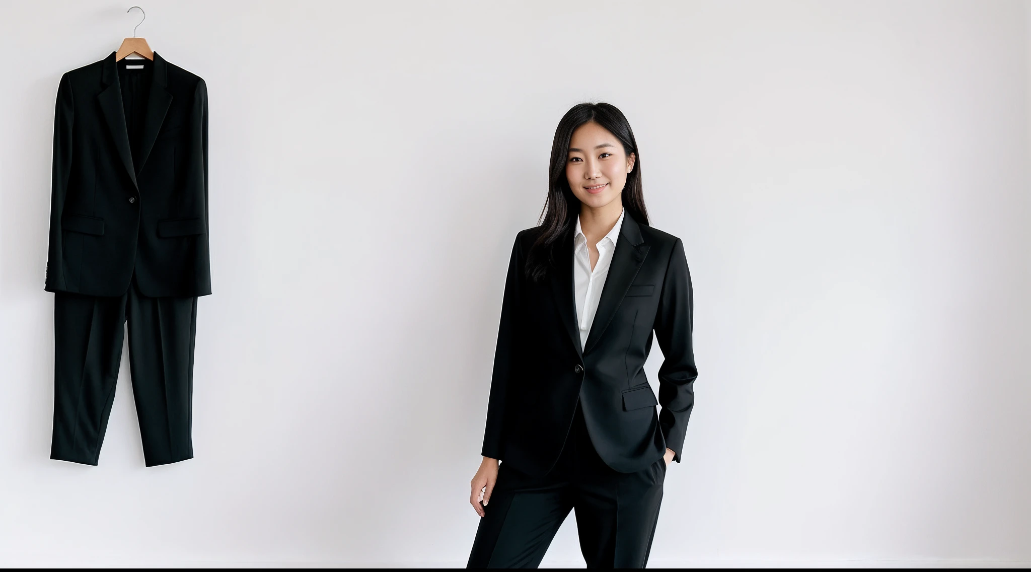 instagram photo, a japanese a woman in a black suit, black shirt and black pants posing suit for a picture on the white background