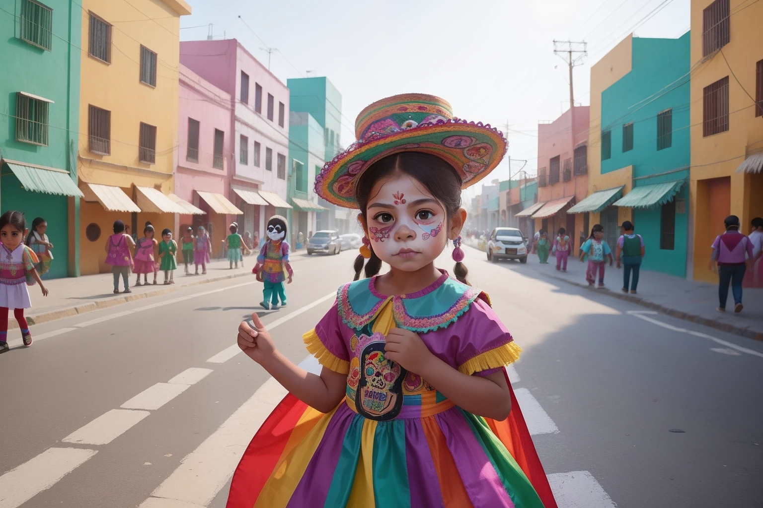 Year: 2020
Country: Mexico
Description: Amid the bustling streets of Mexico City, a child excitedly joins a traditional Day of the Dead parade. The child's elaborate calavera makeup and colorful costume stand out against the pastel-colored buildings, capturing the essence of Mexican culture and festivity.