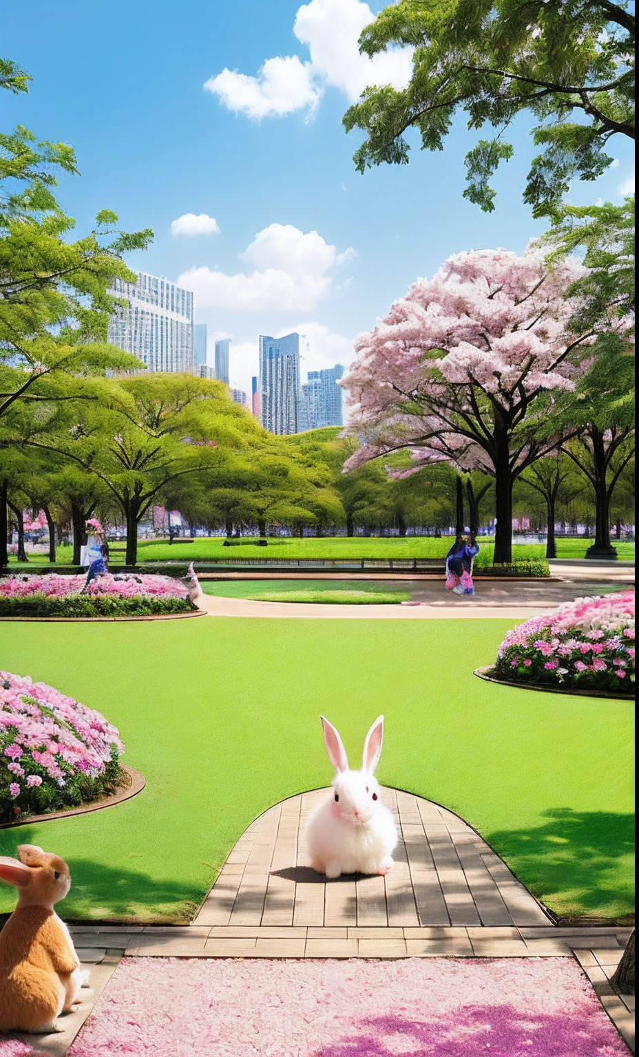 a park、Little one rabbit、Realistic pink rabbit、Little rabbit in a big park