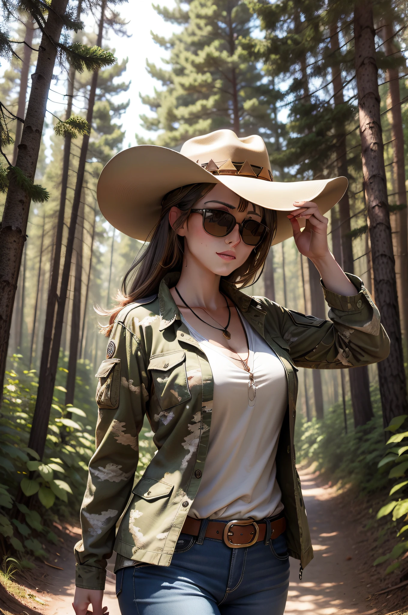 high quality photograph, Woman in camouflage clothes, cowboy hat, sunglasses, in the woods, Sunny day.