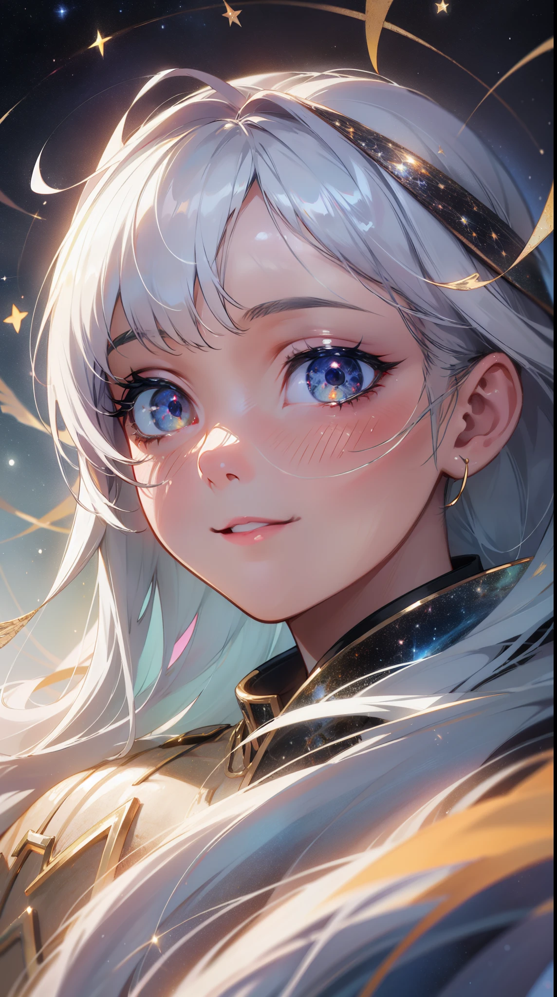 ((masterpiece)), best quality, 8k, high quality, high resolution, super detailed, ultra detailed, photorealistic, ethereal and finely detailed face and eyes, ultra detailed and detailed skin texture, airy eyes, perfect face, 1 girl, wispy silver hair, (celestial attire), celestial blue eyes, (feathered wings), (celestial aura), floating amidst the starlit sky, distant galaxies above, serene expression, ((tranquil smile)), night, cosmic expanse, shimmering stars, celestial majesty, (twinkling constellations), (cosmic quiet), since cosmic inception, Aelora, airy eyes, background of starlit cosmos.