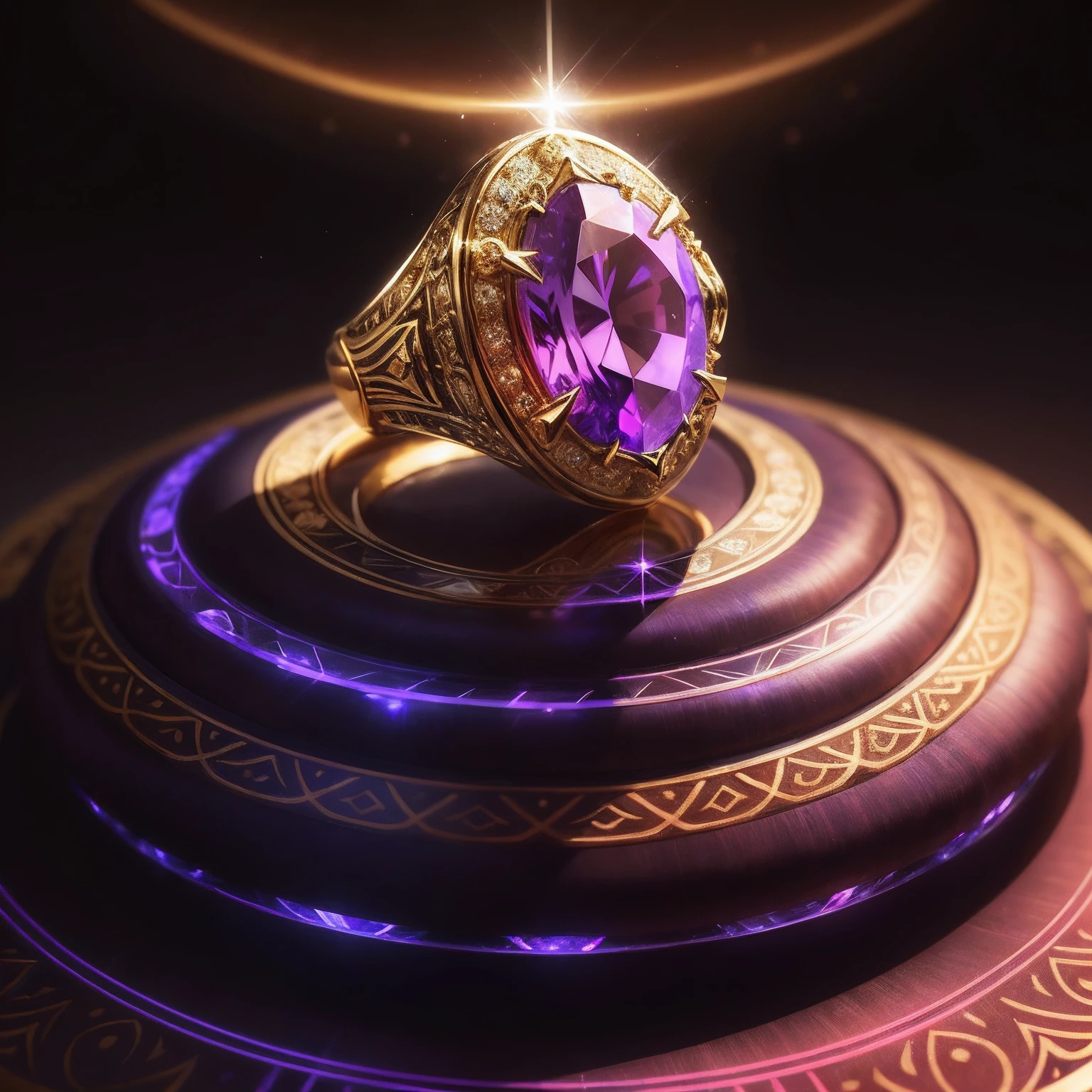 1 Supreme Ring，(Nothing but the ring)，(No Man)，The ring is set with blue-purple gemstones，The magic pattern on it emits the light of the Tyndall effect，It shines with a noble golden light，The golden-red tone is filled with dark-style graphics，Beautiful ring, Ultra detailed，simple backgound， --auto