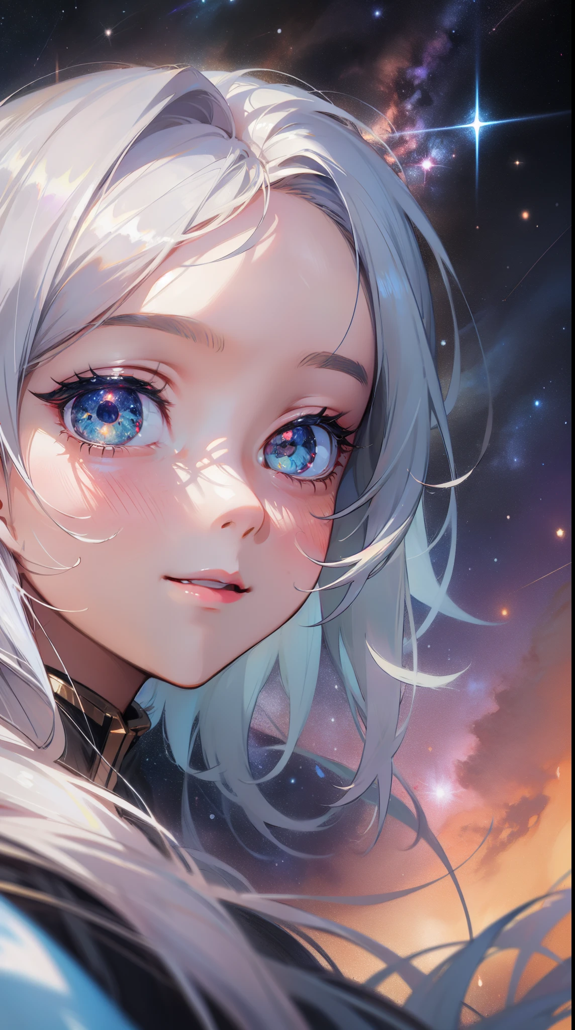 ((masterpiece)), best quality, 8k, high quality, high resolution, super detailed, ultra detailed, photorealistic, ethereal and finely detailed face and eyes, ultra detailed and detailed skin texture, airy eyes, perfect face, 1 girl, wispy silver hair, (celestial attire), celestial blue eyes, (feathered wings), (celestial aura), floating amidst the starlit sky, distant galaxies above, serene expression, ((tranquil smile)), night, cosmic expanse, shimmering stars, celestial majesty, (twinkling constellations), (cosmic quiet), since cosmic inception, Aelora, airy eyes, background of starlit cosmos.