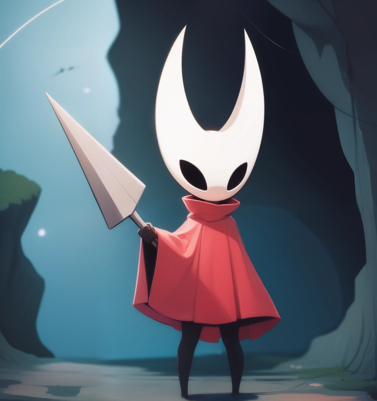 hornet, cute, chibi, no feet, furry female, anthro, needle weapon, thread, standing, solo, red cloak, (best quality), (detailed dark cave background:1.2), looking at viewer, holding weapon, flat colors,