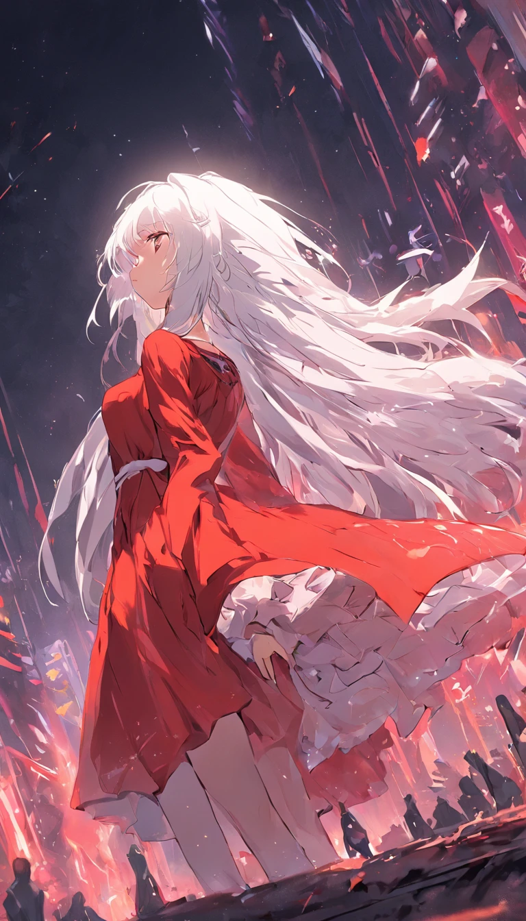 White hair wearing red dress girl