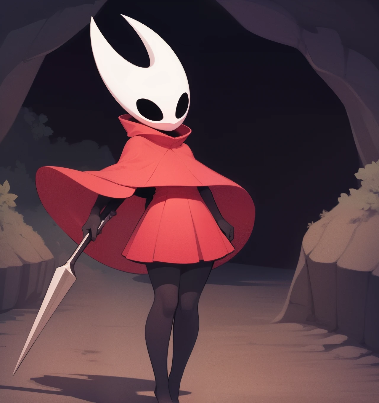 hornet, cute, chibi, no feet, furry female, anthro, needle weapon, thread, standing, solo, red cloak, (best quality), (detailed dark cave background:1.2), looking at viewer, holding weapon, flat colors,