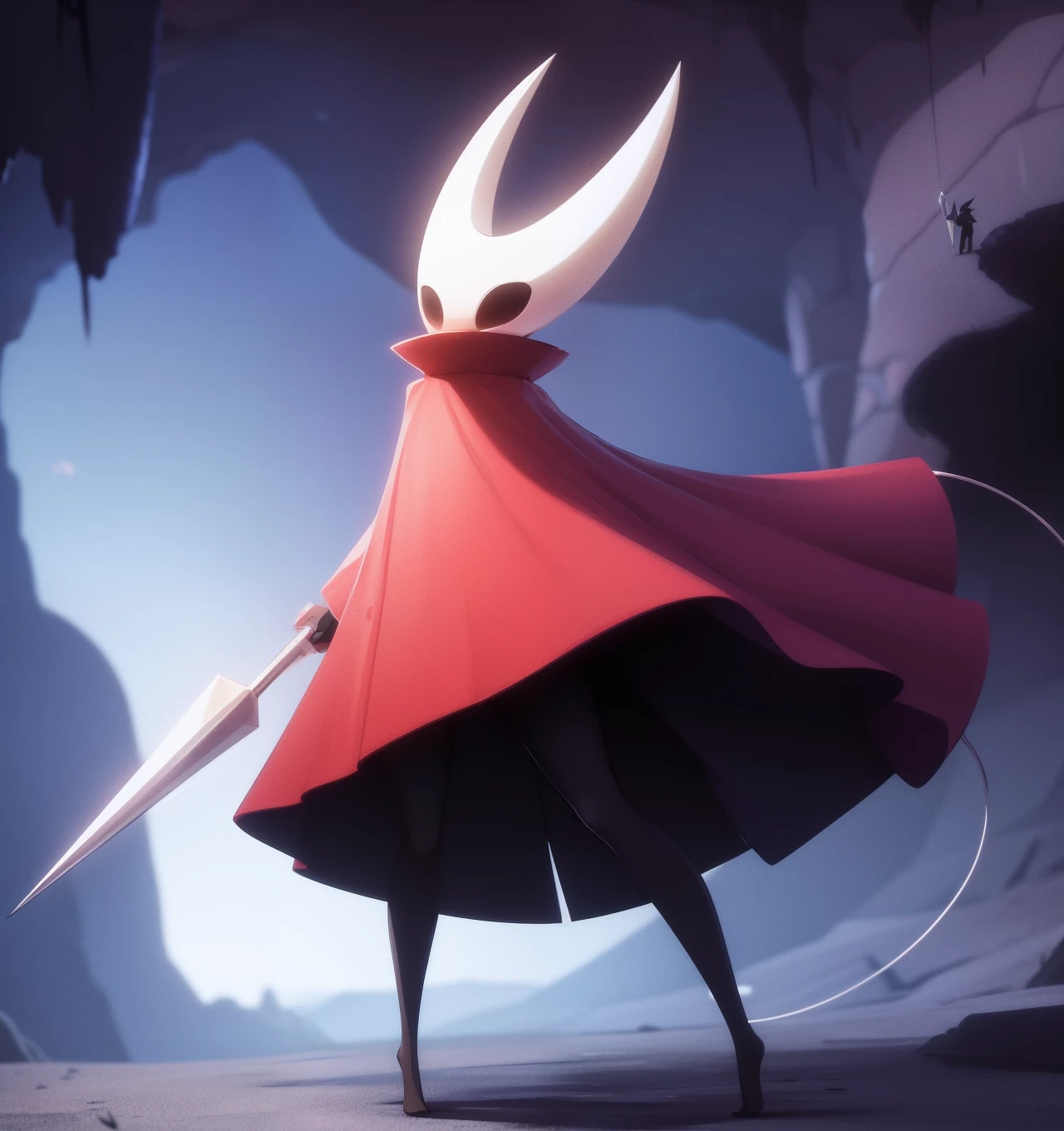 hornet, cute, chibi, no feet, furry female, anthro, needle weapon, thread, standing, solo, red cloak, (best quality), (detailed dark cave background:1.2), looking at viewer, holding weapon, flat colors,